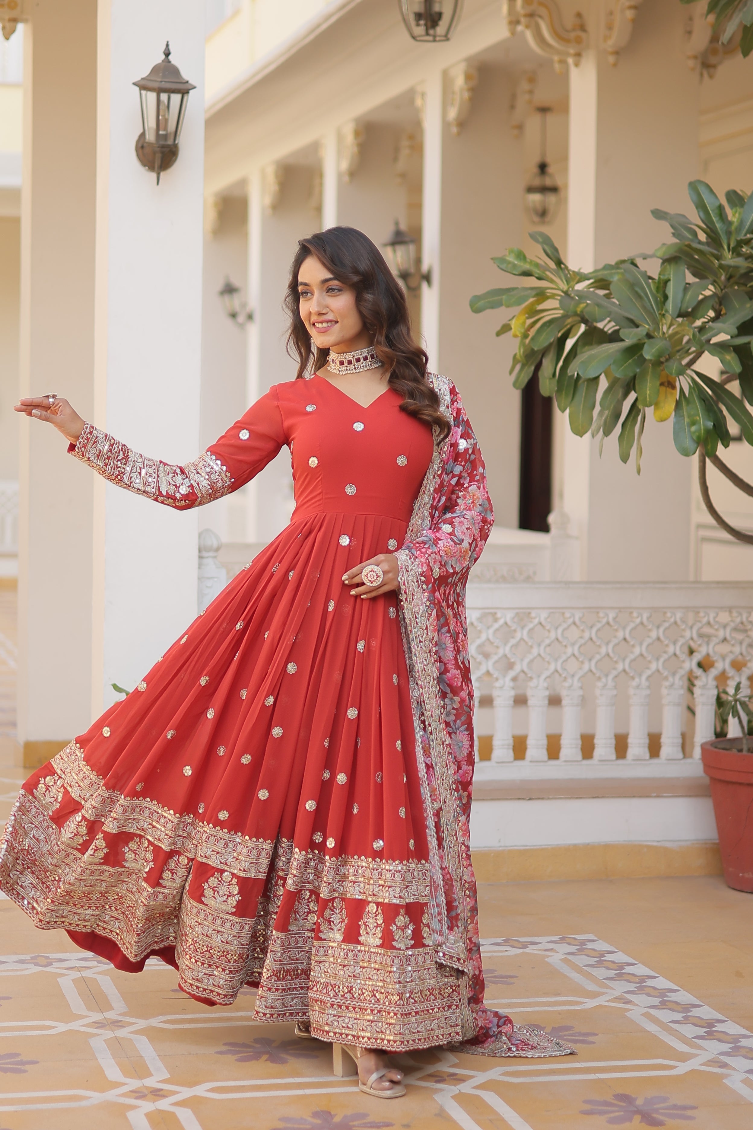 Women’s Orange Georgette Gown – Elegant Designer Wear with Embroidered Detailing