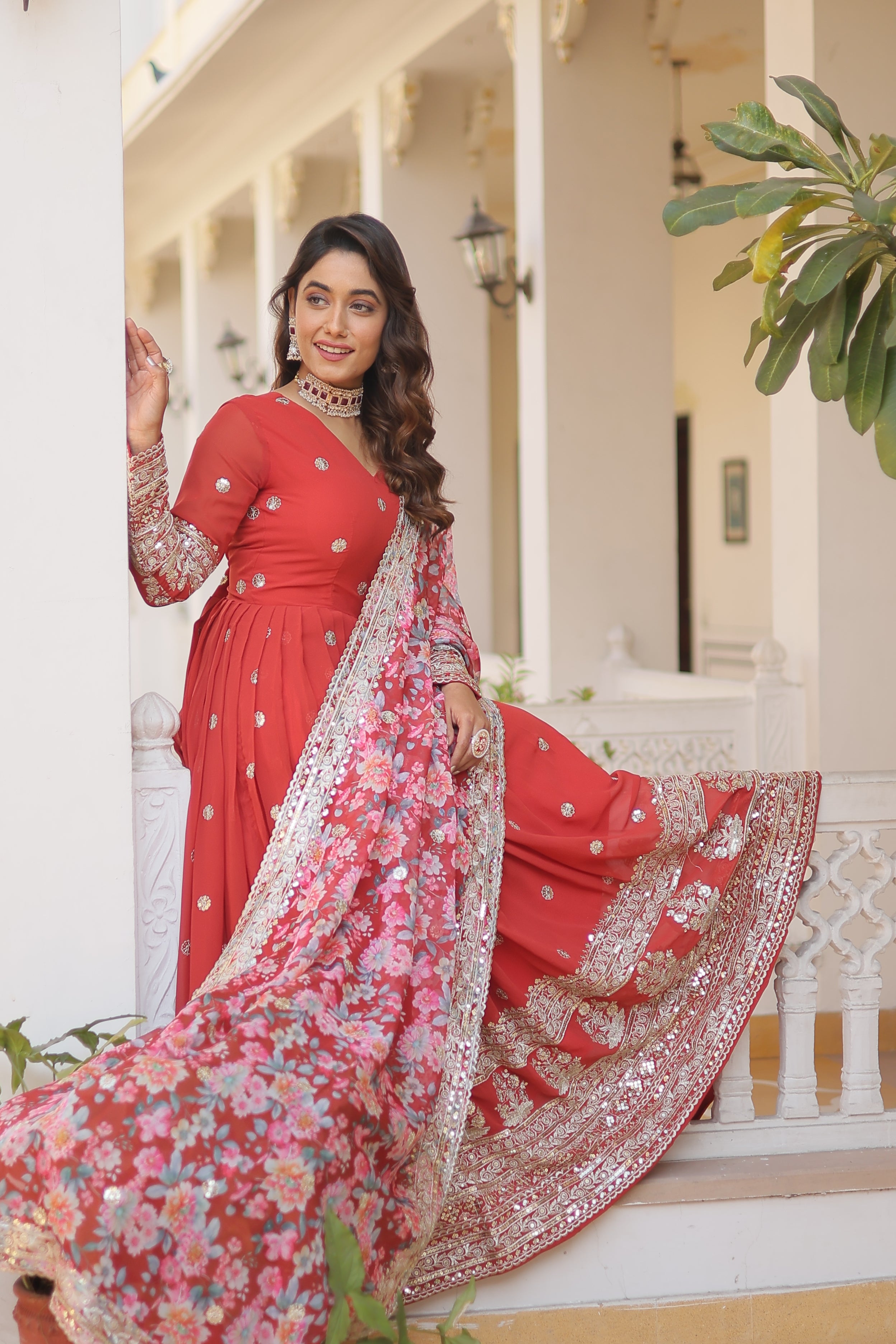 Women’s Orange Georgette Gown – Elegant Designer Wear with Embroidered Detailing
