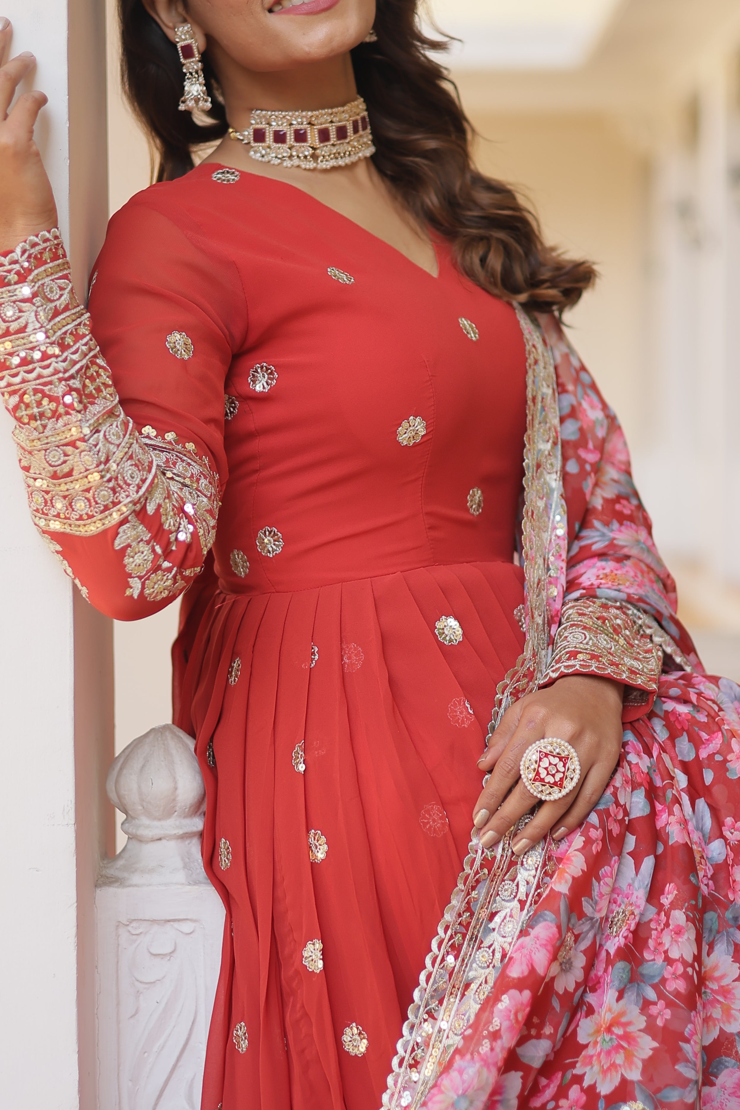 Women’s Orange Georgette Gown – Elegant Designer Wear with Embroidered Detailing