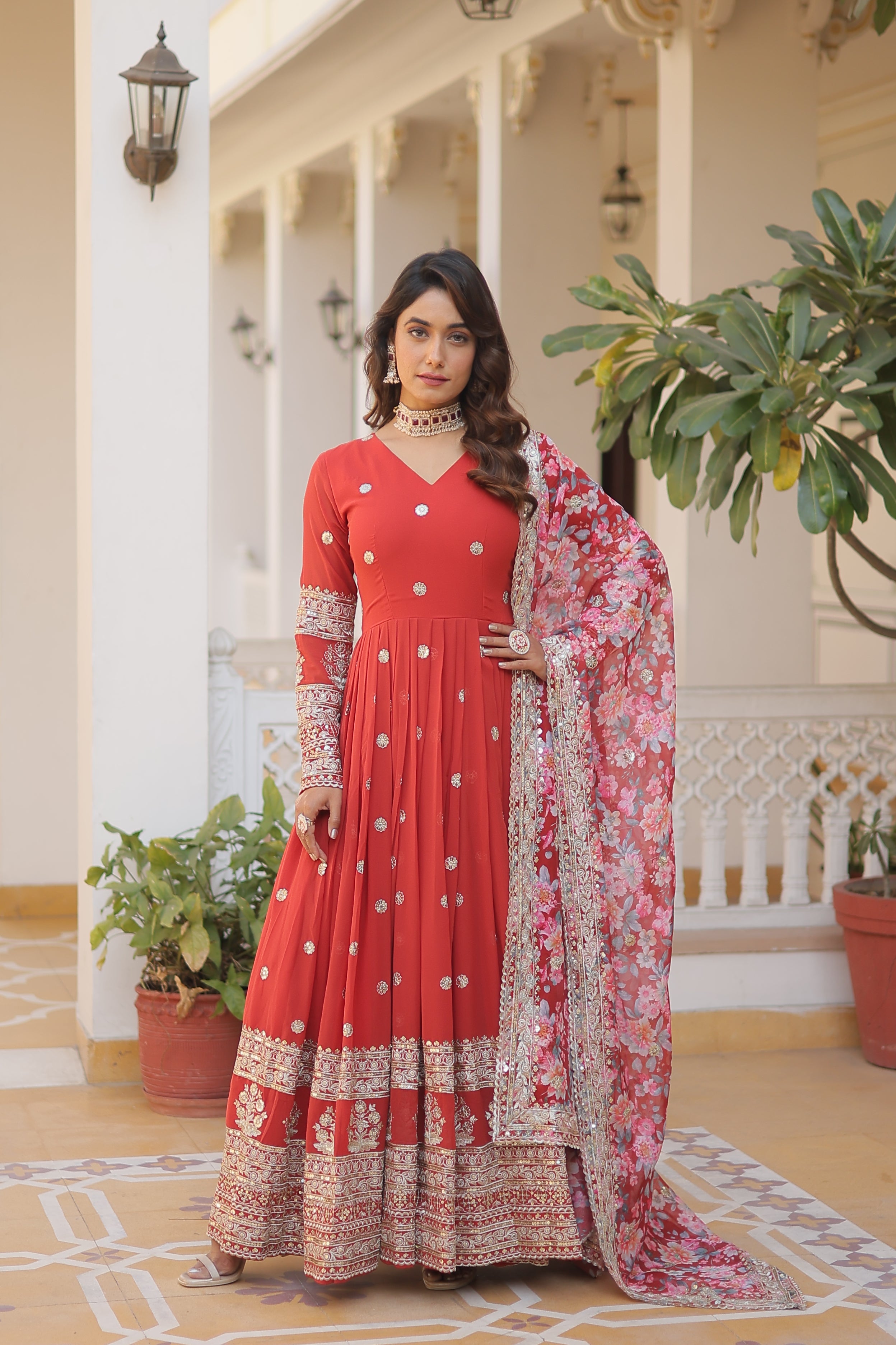 Women’s Orange Georgette Gown – Elegant Designer Wear with Embroidered Detailing