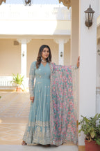 Women’s Sky Blue Georgette Gown – Elegant Designer Wear with Embroidered Detailing