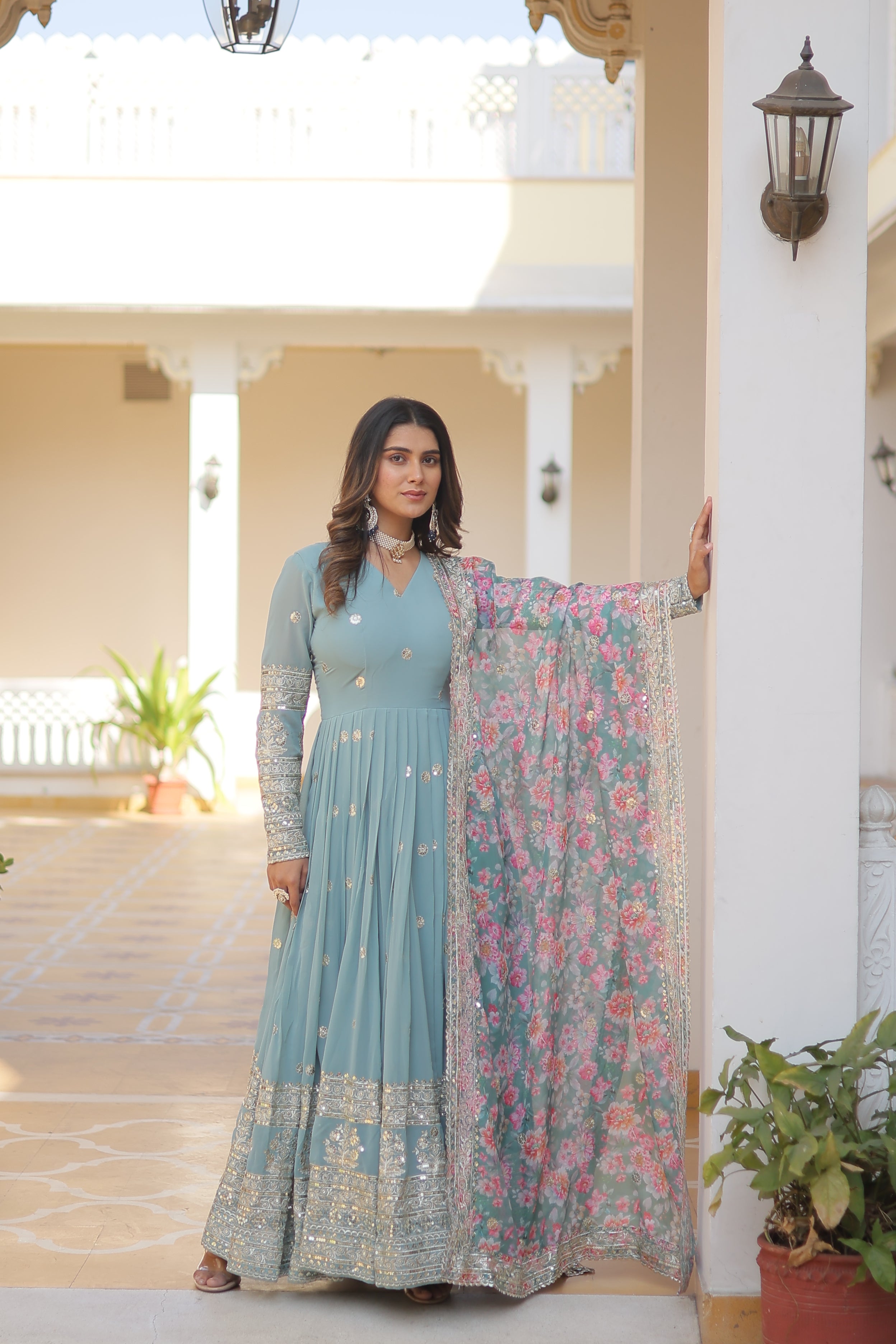 Women’s Sky Blue Georgette Gown – Elegant Designer Wear with Embroidered Detailing