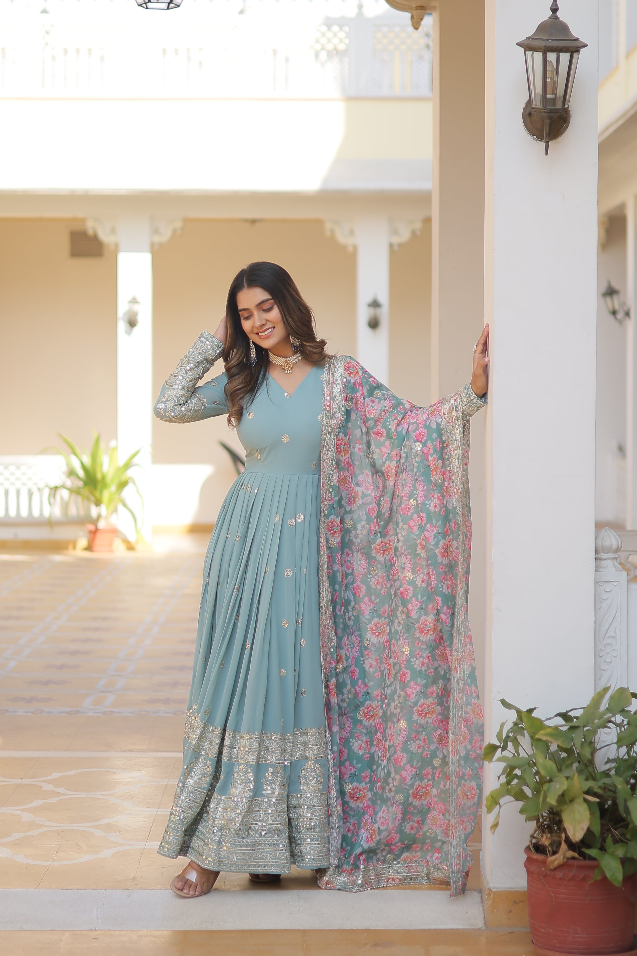 Women’s Sky Blue Georgette Gown – Elegant Designer Wear with Embroidered Detailing