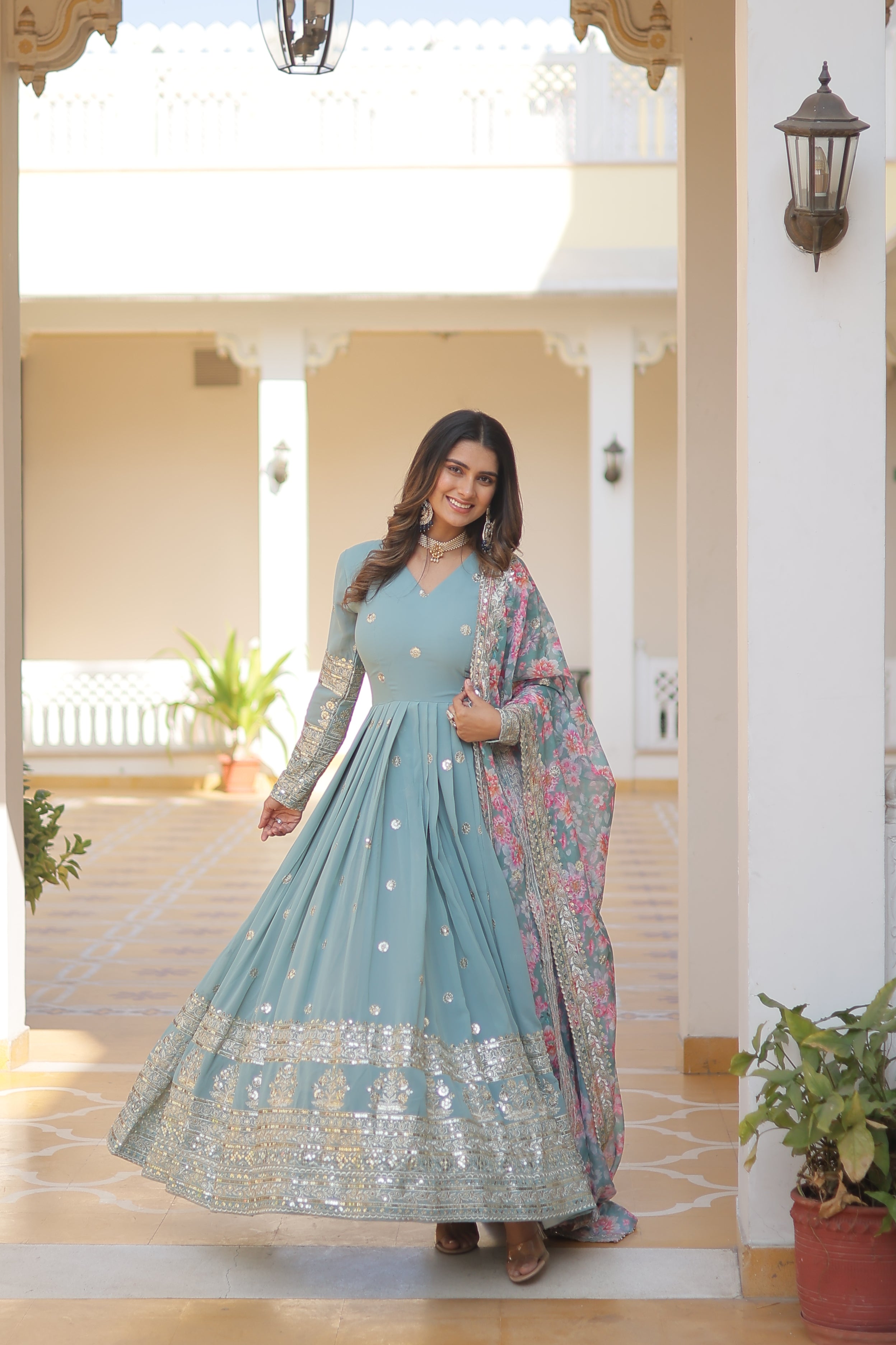 Women’s Sky Blue Georgette Gown – Elegant Designer Wear with Embroidered Detailing
