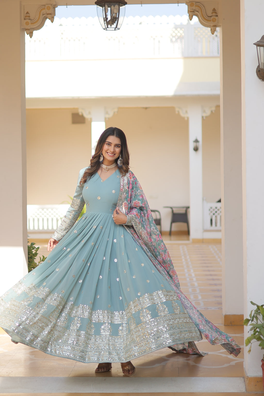 Women’s Sky Blue Georgette Gown – Elegant Designer Wear with Embroidered Detailing