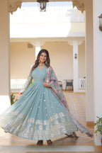 Women’s Sky Blue Georgette Gown – Elegant Designer Wear with Embroidered Detailing