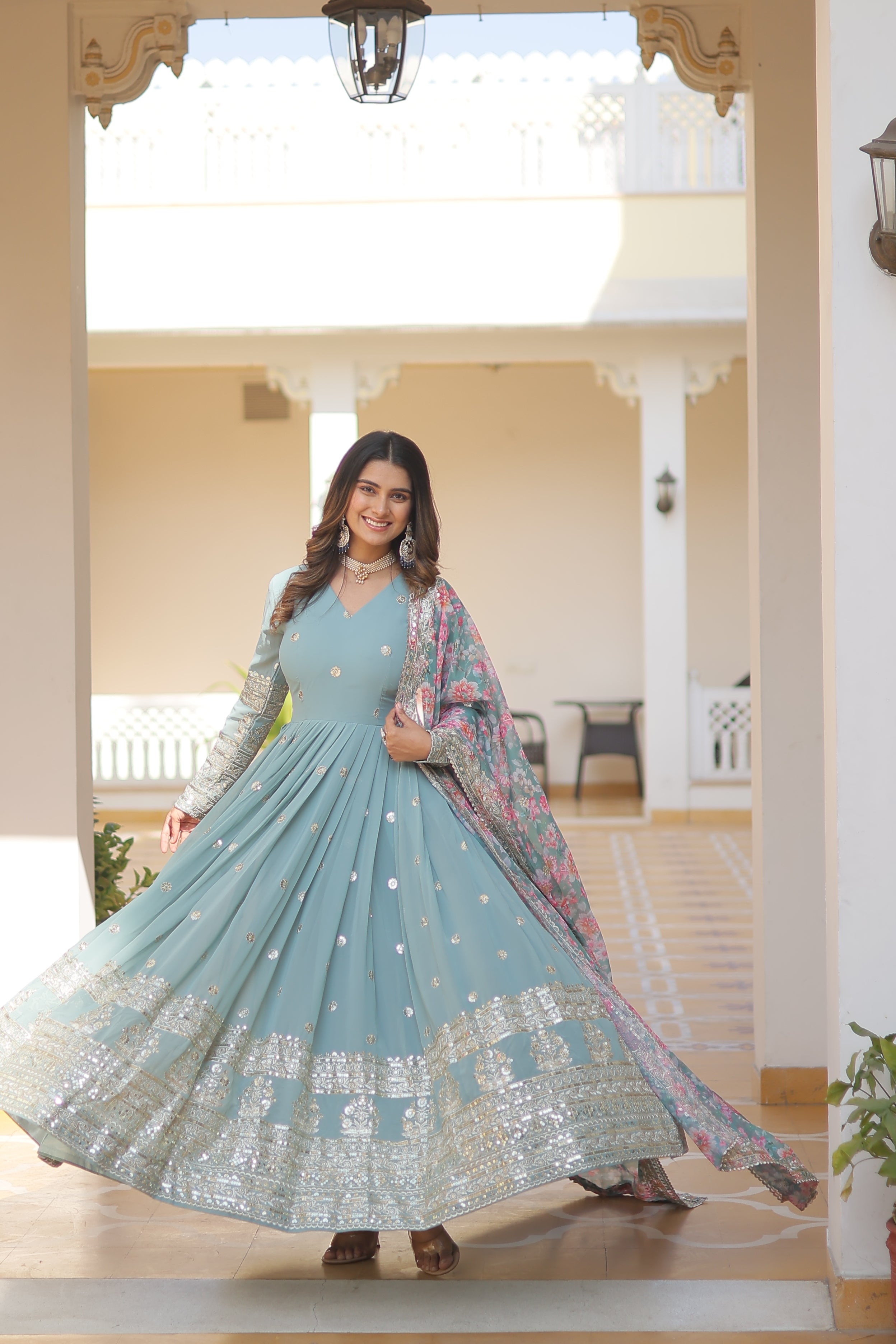 Women’s Sky Blue Georgette Gown – Elegant Designer Wear with Embroidered Detailing