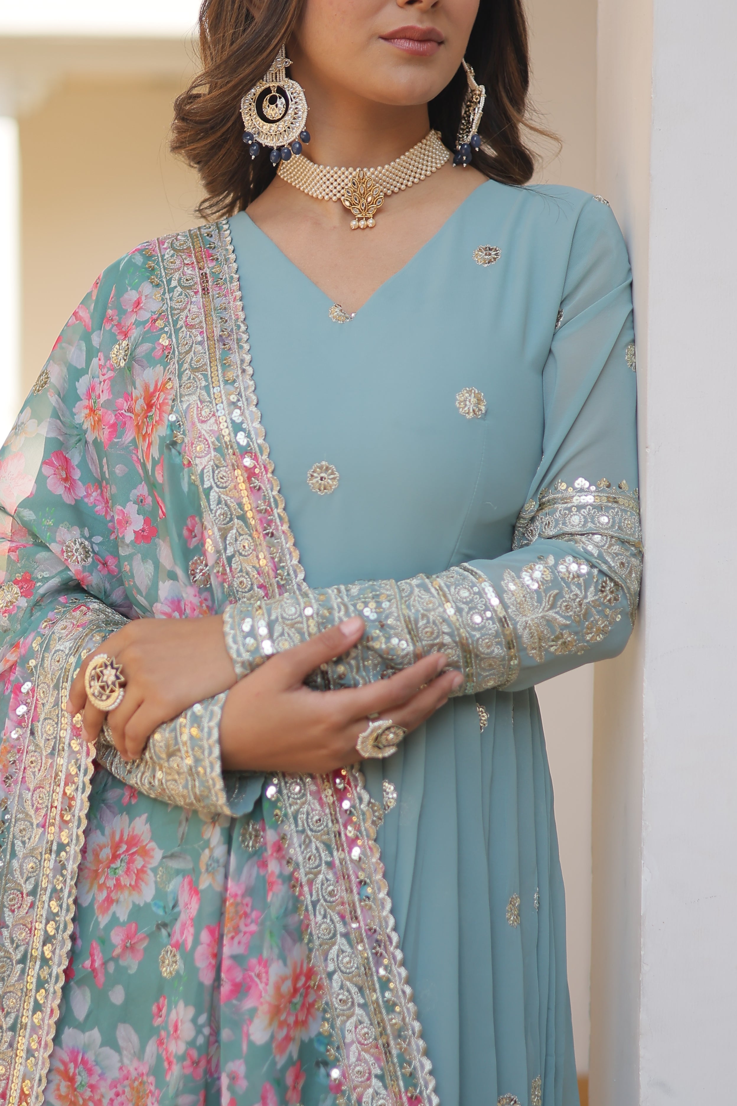 Women’s Sky Blue Georgette Gown – Elegant Designer Wear with Embroidered Detailing