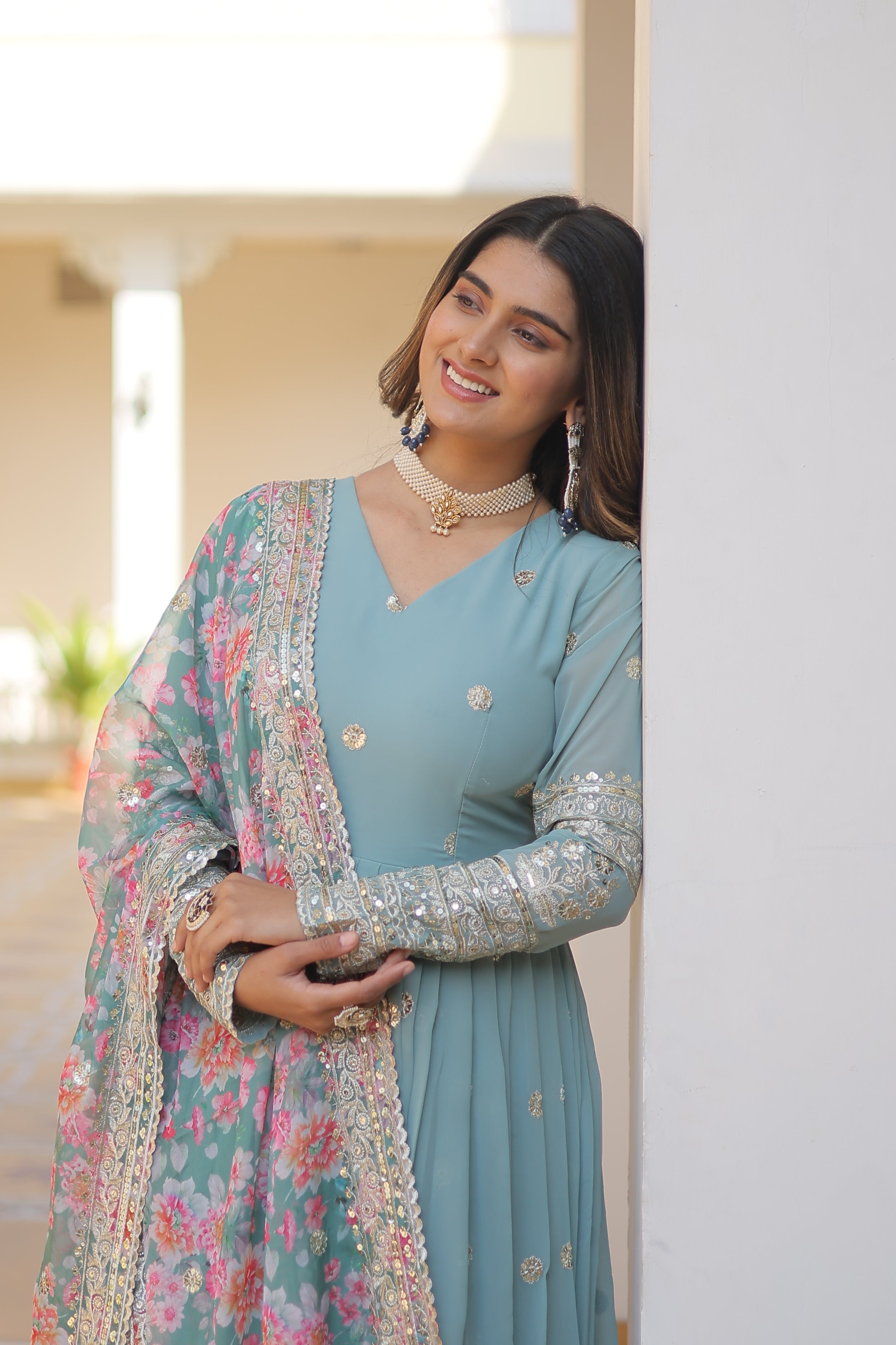 Women’s Sky Blue Georgette Gown – Elegant Designer Wear with Embroidered Detailing