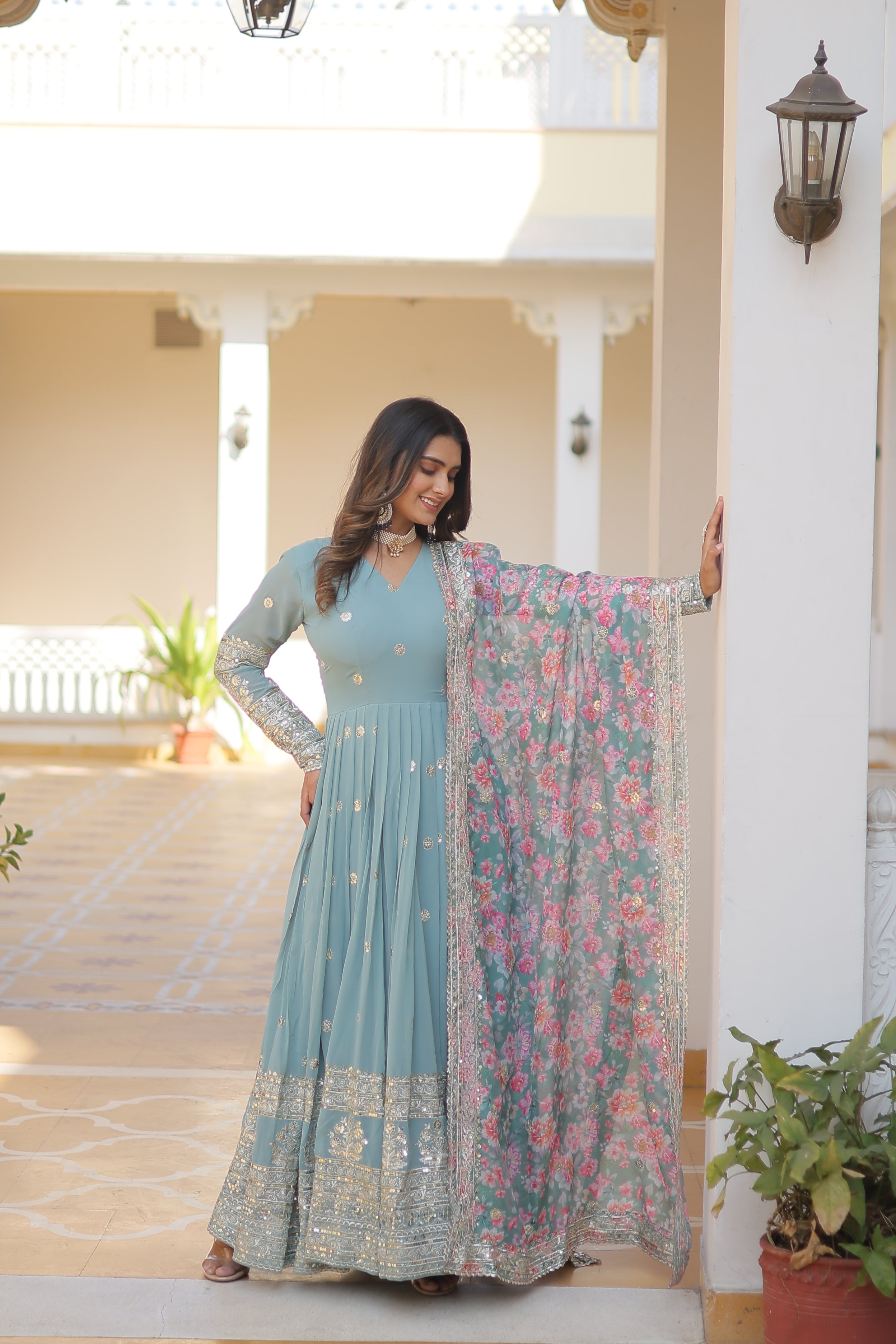 Women’s Sky Blue Georgette Gown – Elegant Designer Wear with Embroidered Detailing