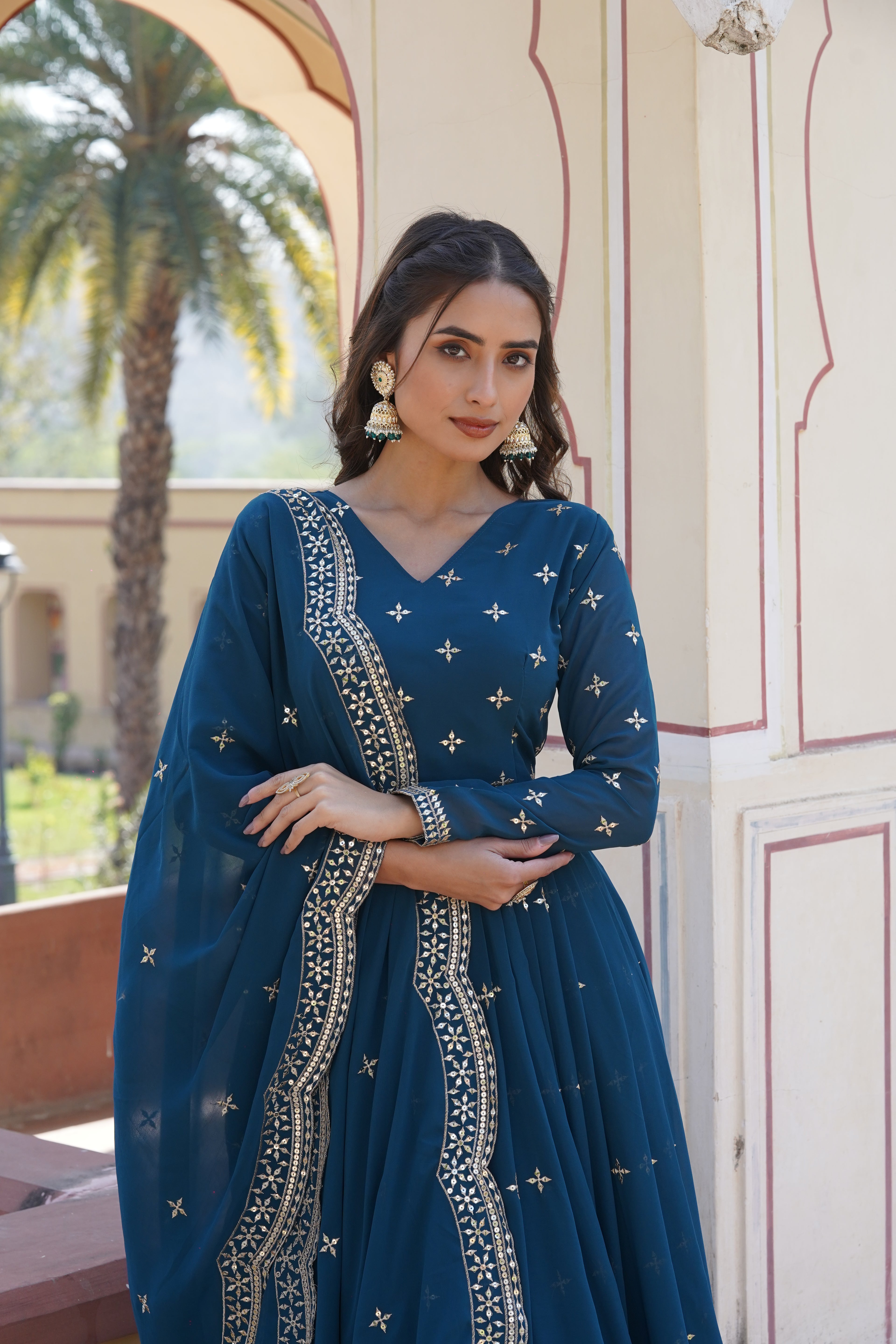 Women’s Rama Georgette Gown – Elegant Designer Wear with Embroidered Detailing