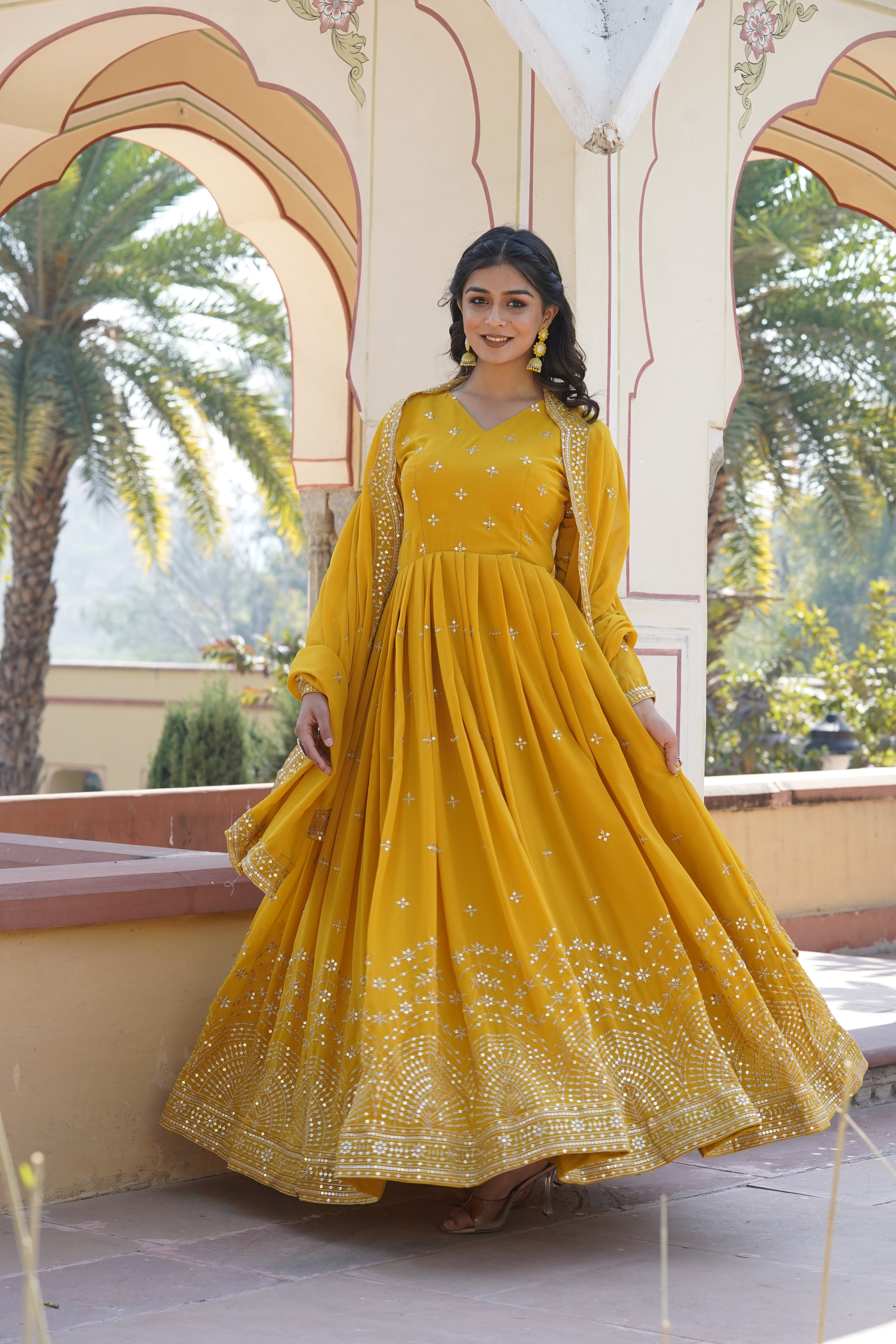 Women’s Yellow Georgette Gown – Elegant Designer Wear with Embroidered Detailing