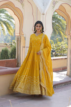 Women’s Yellow Georgette Gown – Elegant Designer Wear with Embroidered Detailing