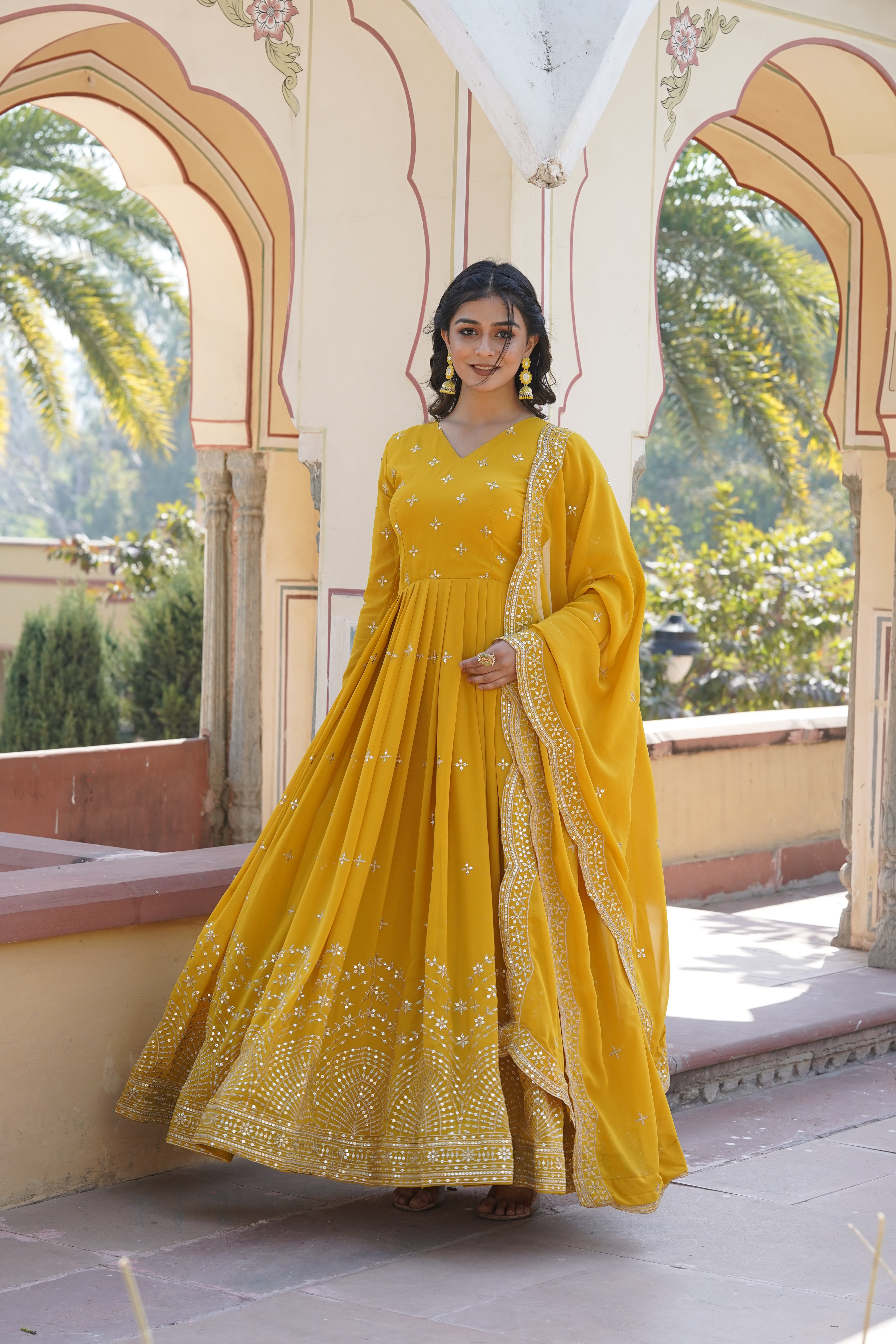 Women’s Yellow Georgette Gown – Elegant Designer Wear with Embroidered Detailing