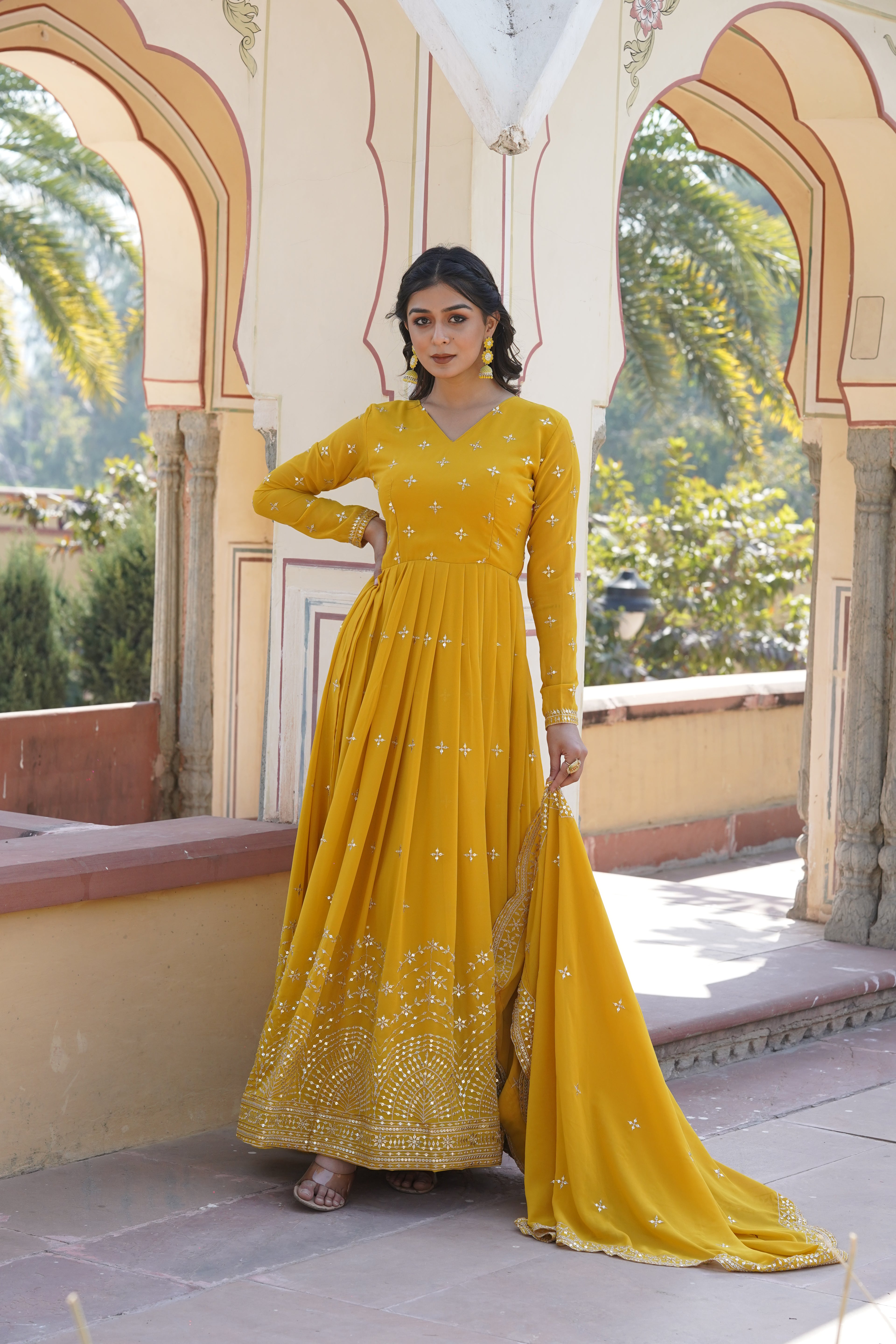 Women’s Yellow Georgette Gown – Elegant Designer Wear with Embroidered Detailing