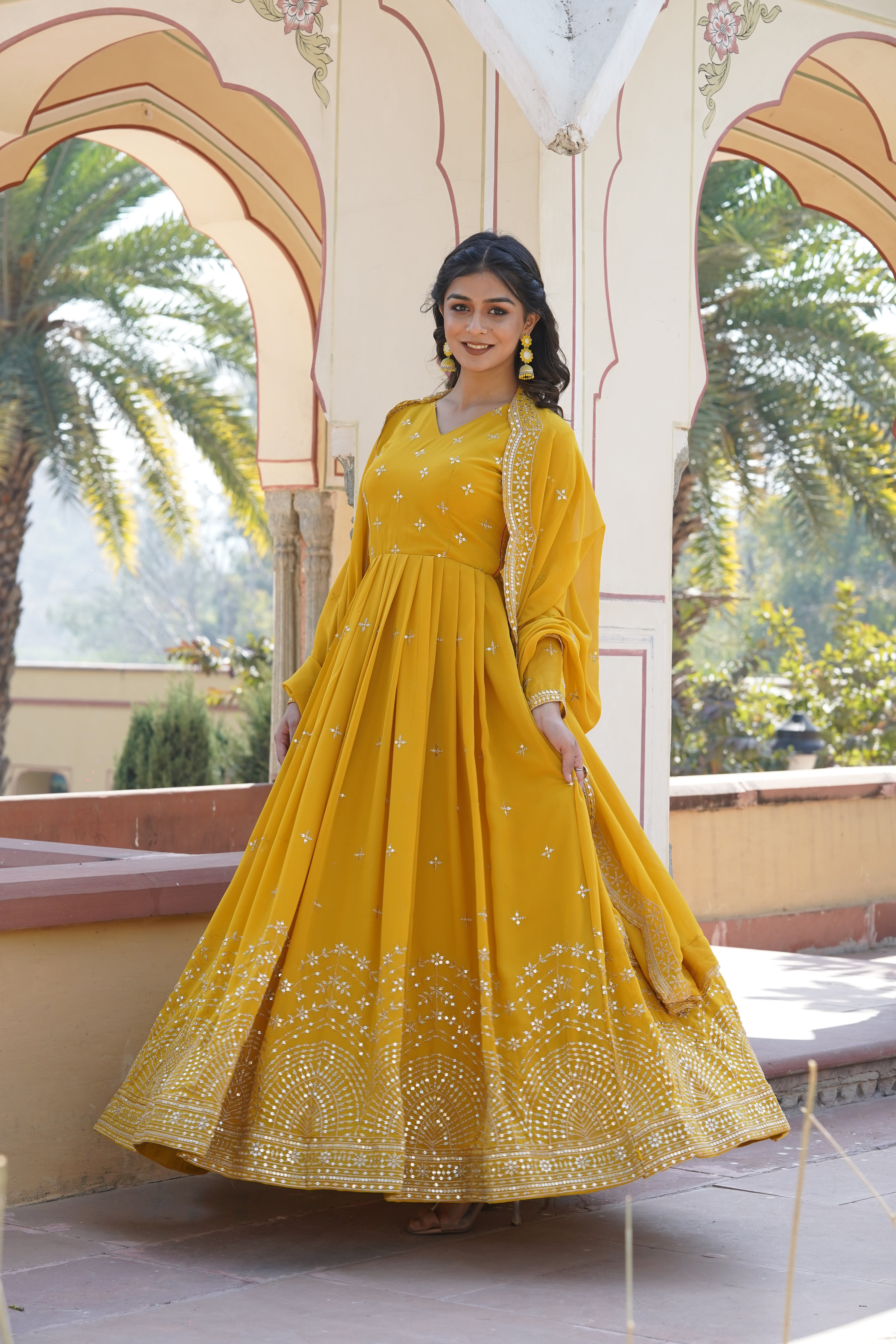 Women’s Yellow Georgette Gown – Elegant Designer Wear with Embroidered Detailing