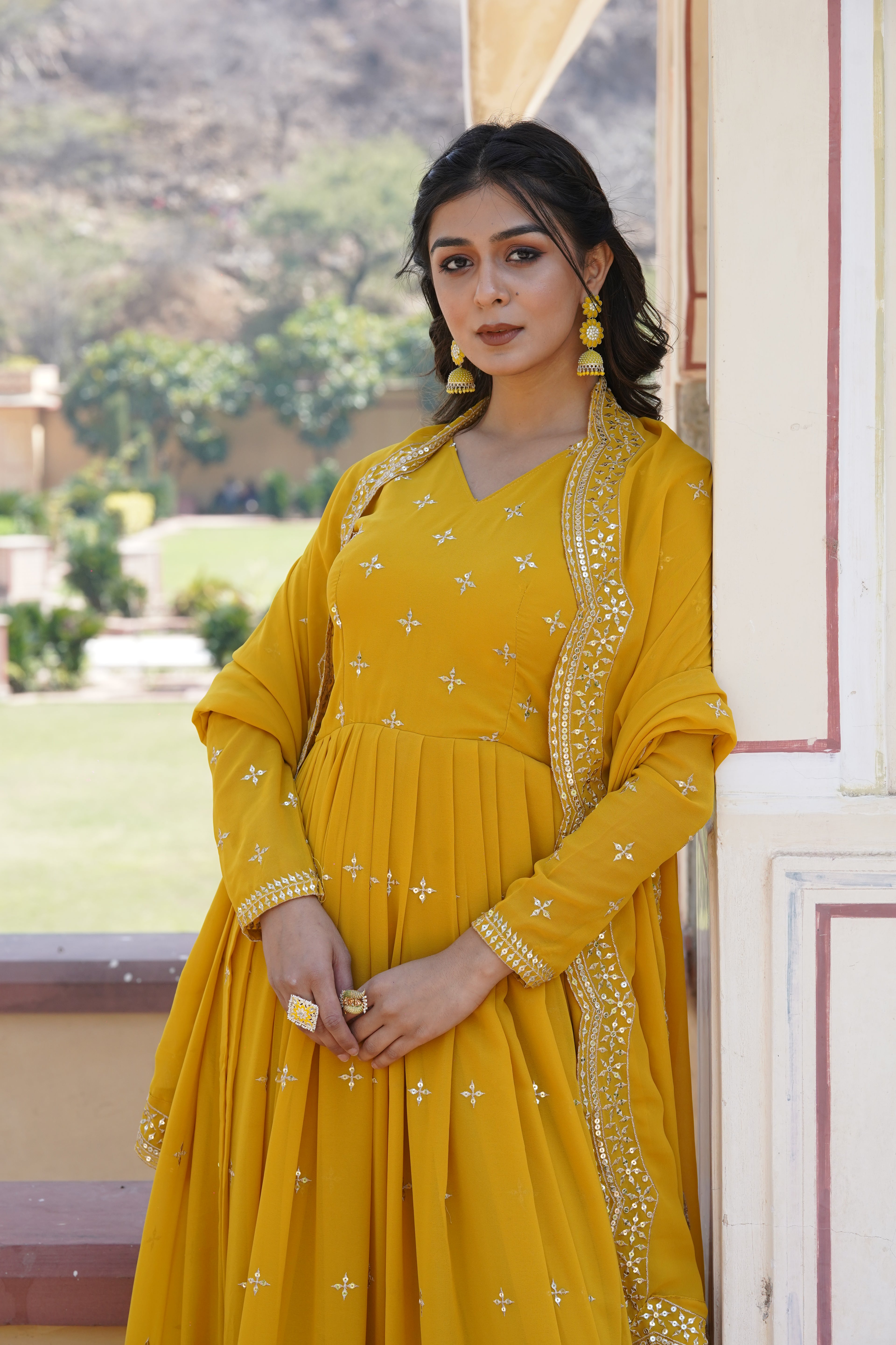 Women’s Yellow Georgette Gown – Elegant Designer Wear with Embroidered Detailing