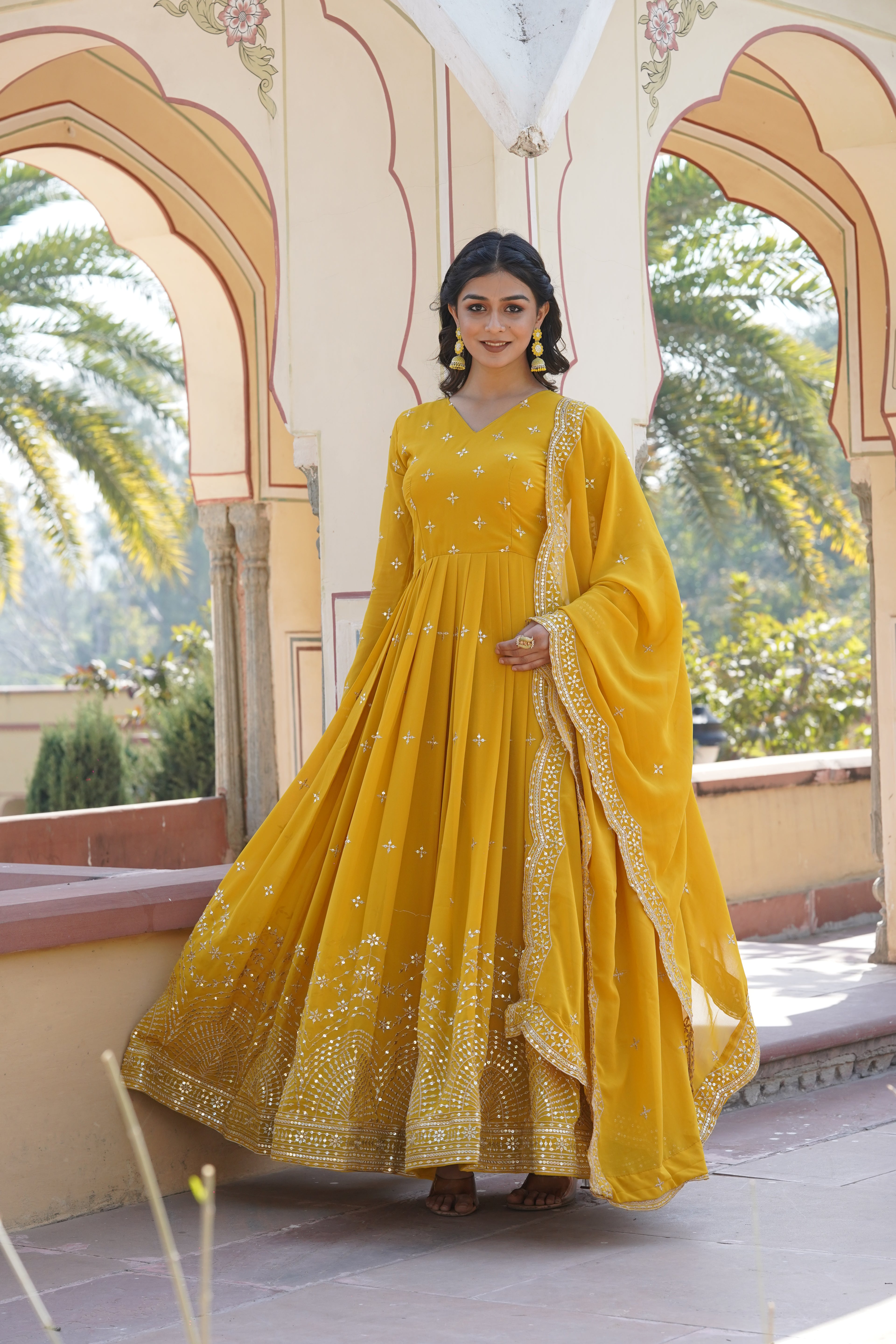Women’s Yellow Georgette Gown – Elegant Designer Wear with Embroidered Detailing