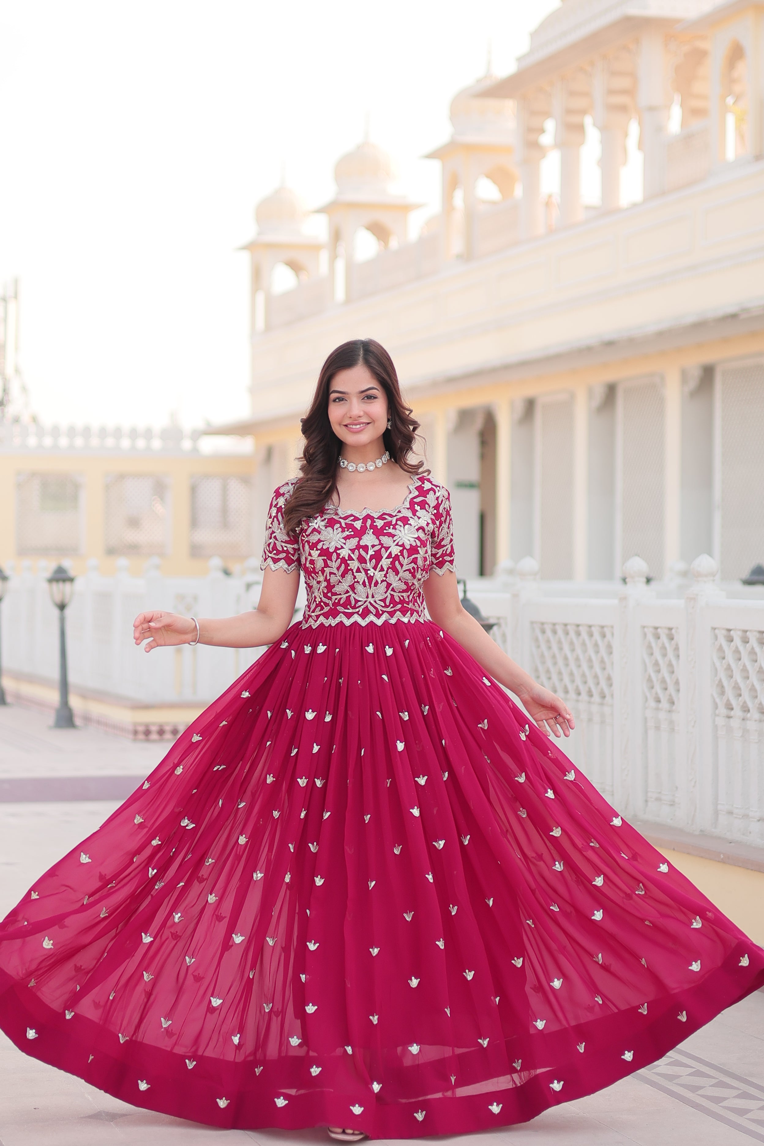 Women’s Pink Georgette Gown – Elegant Designer Wear with Embroidered Detailing
