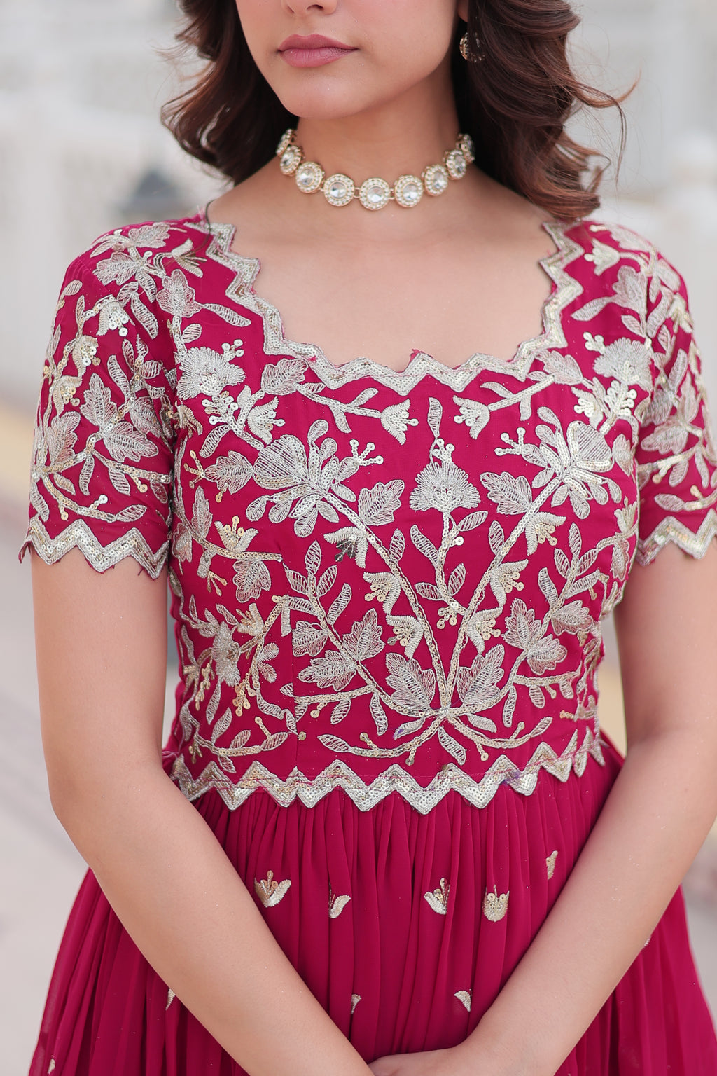 Women’s Pink Georgette Gown – Elegant Designer Wear with Embroidered Detailing