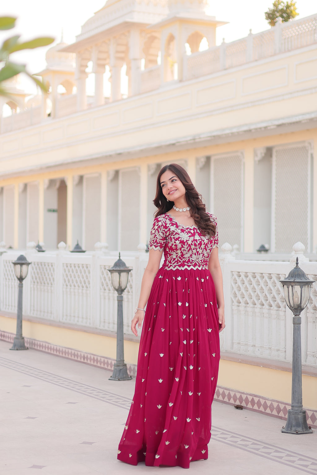 Women’s Pink Georgette Gown – Elegant Designer Wear with Embroidered Detailing