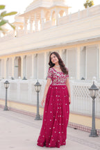 Women’s Pink Georgette Gown – Elegant Designer Wear with Embroidered Detailing