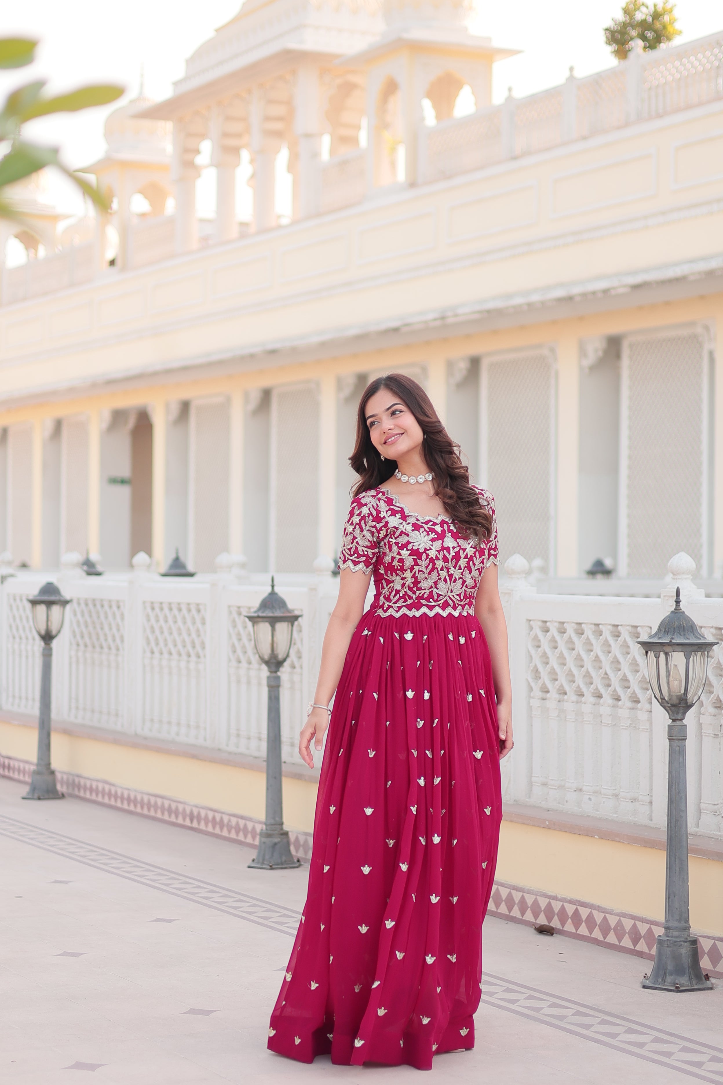 Women’s Pink Georgette Gown – Elegant Designer Wear with Embroidered Detailing