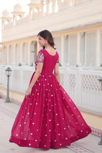 Women’s Pink Georgette Gown – Elegant Designer Wear with Embroidered Detailing
