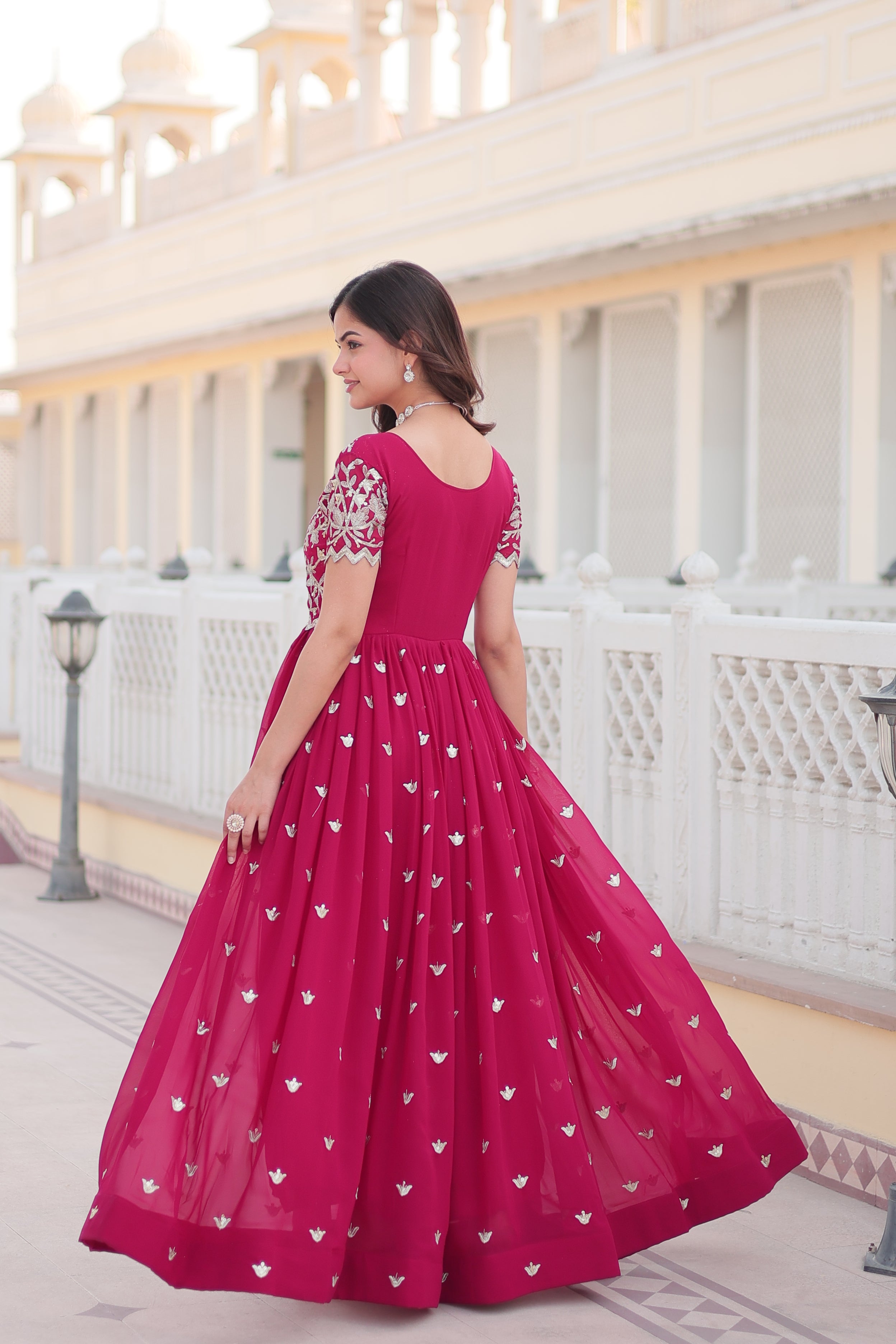 Women’s Pink Georgette Gown – Elegant Designer Wear with Embroidered Detailing