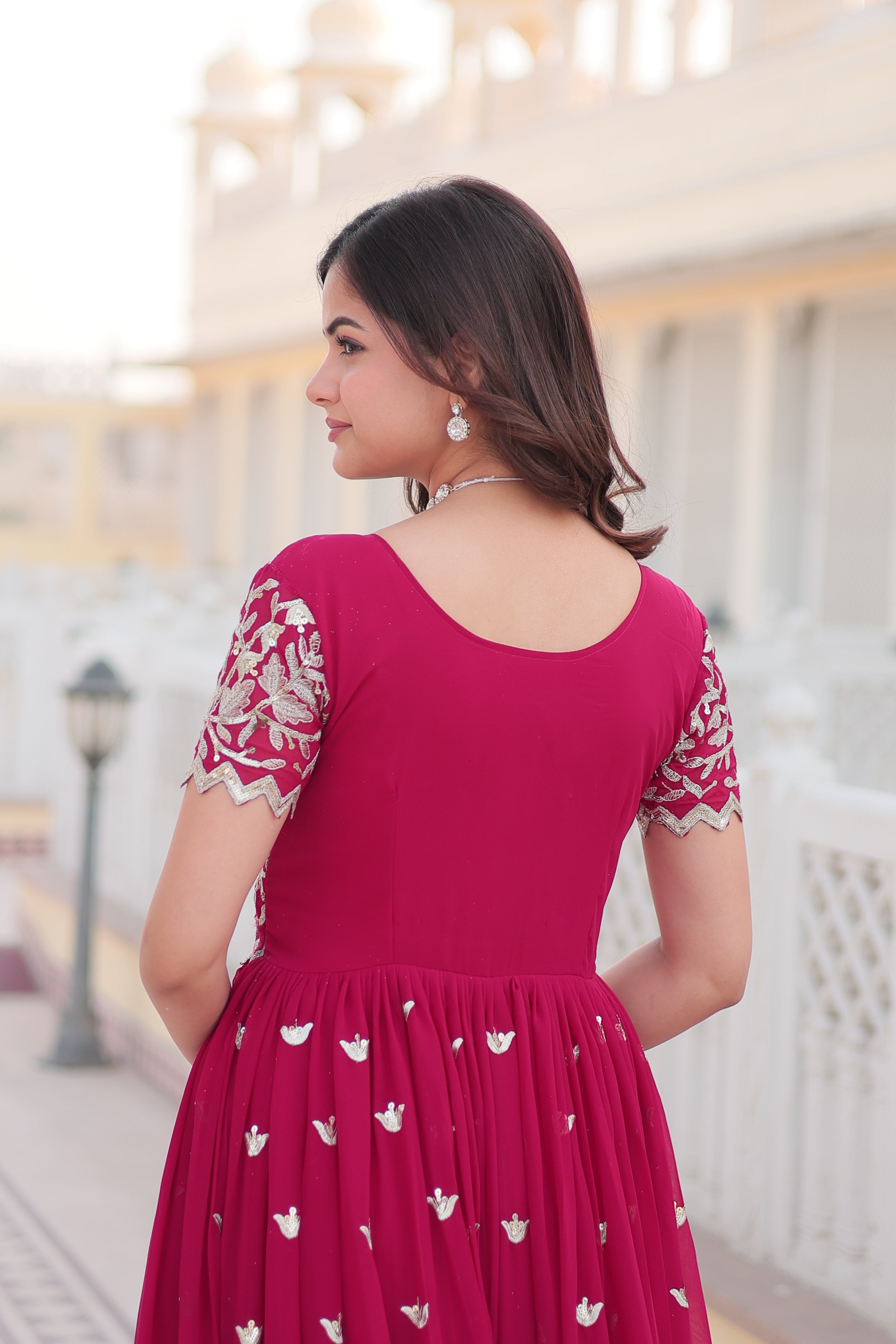 Women’s Pink Georgette Gown – Elegant Designer Wear with Embroidered Detailing