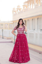 Women’s Pink Georgette Gown – Elegant Designer Wear with Embroidered Detailing