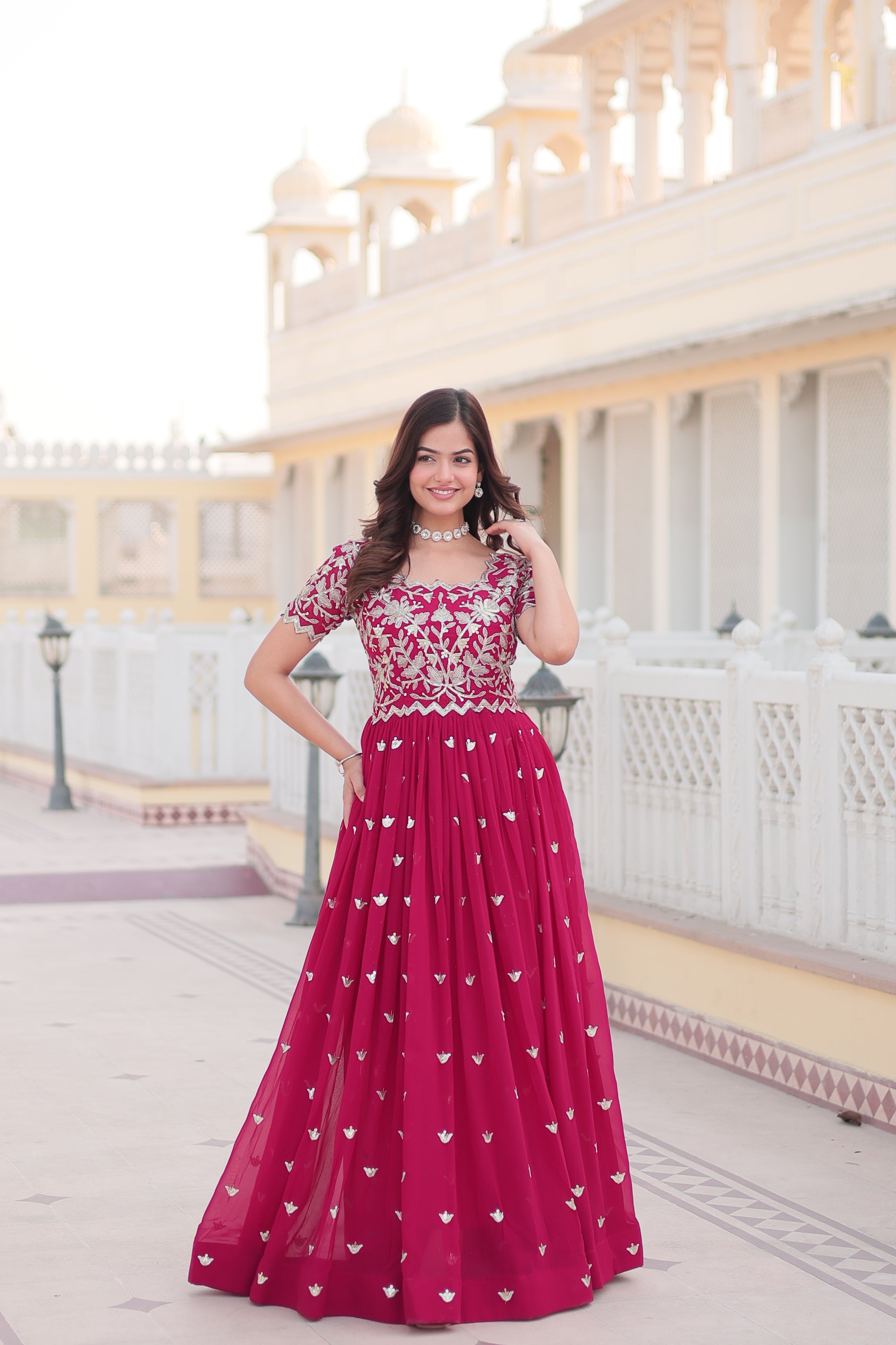Women’s Pink Georgette Gown – Elegant Designer Wear with Embroidered Detailing