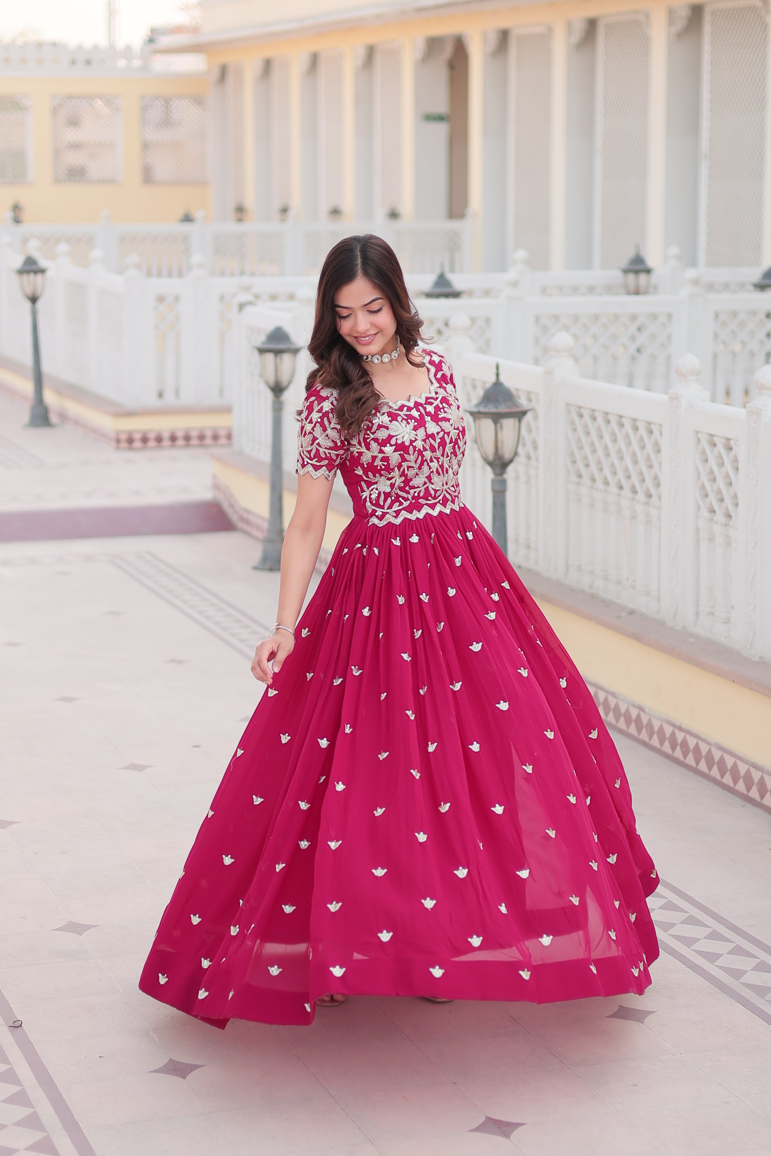 Women’s Pink Georgette Gown – Elegant Designer Wear with Embroidered Detailing