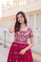 Women’s Pink Georgette Gown – Elegant Designer Wear with Embroidered Detailing