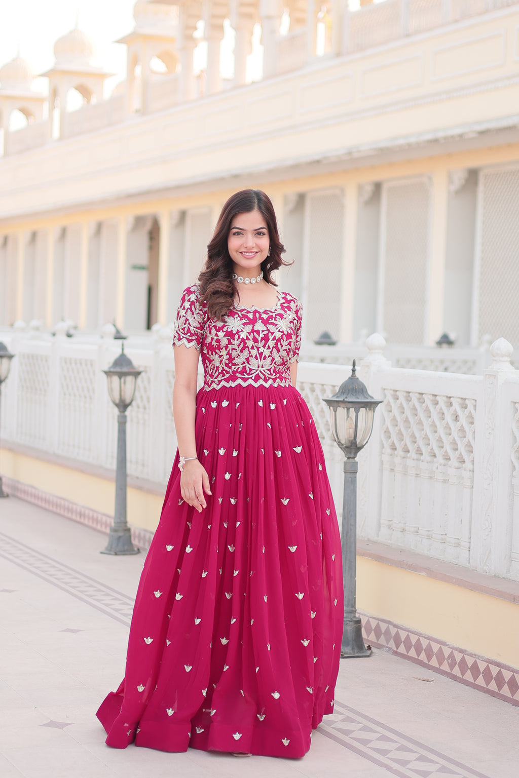 Women’s Pink Georgette Gown – Elegant Designer Wear with Embroidered Detailing