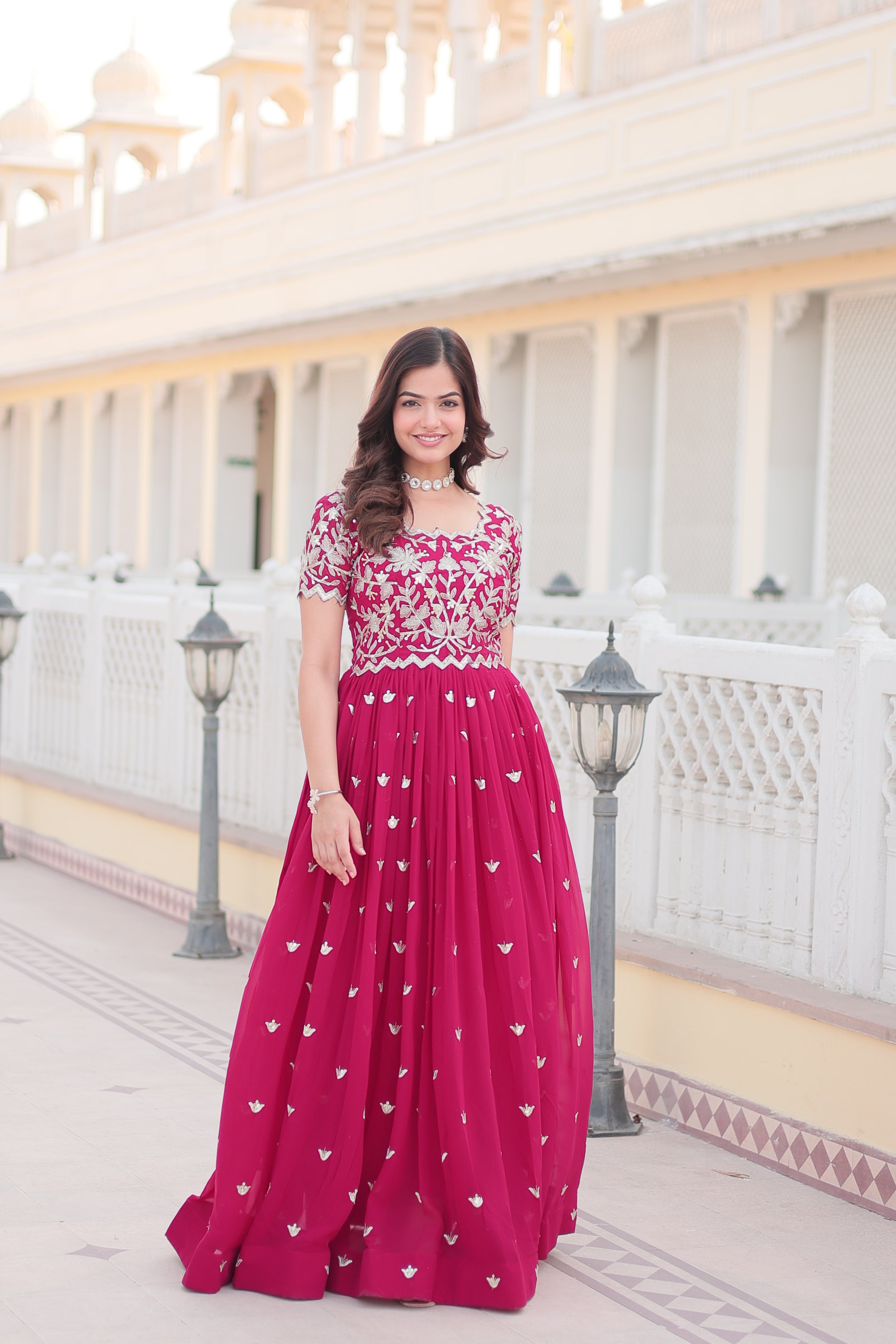 Women’s Pink Georgette Gown – Elegant Designer Wear with Embroidered Detailing