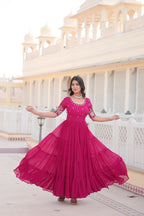 Women’s Pink Georgette Gown – Elegant Designer Wear with Embroidered Detailing