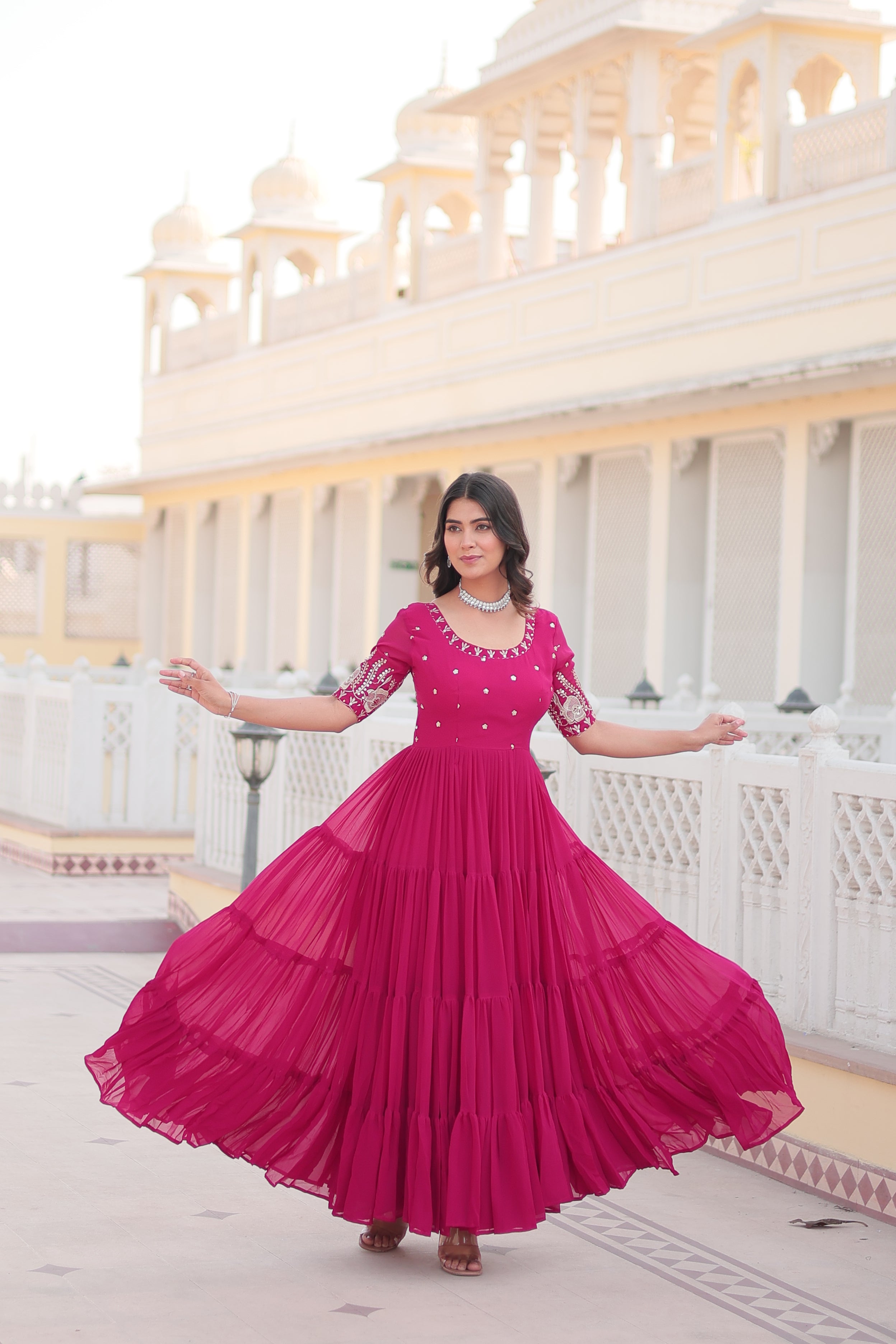 Women’s Pink Georgette Gown – Elegant Designer Wear with Embroidered Detailing