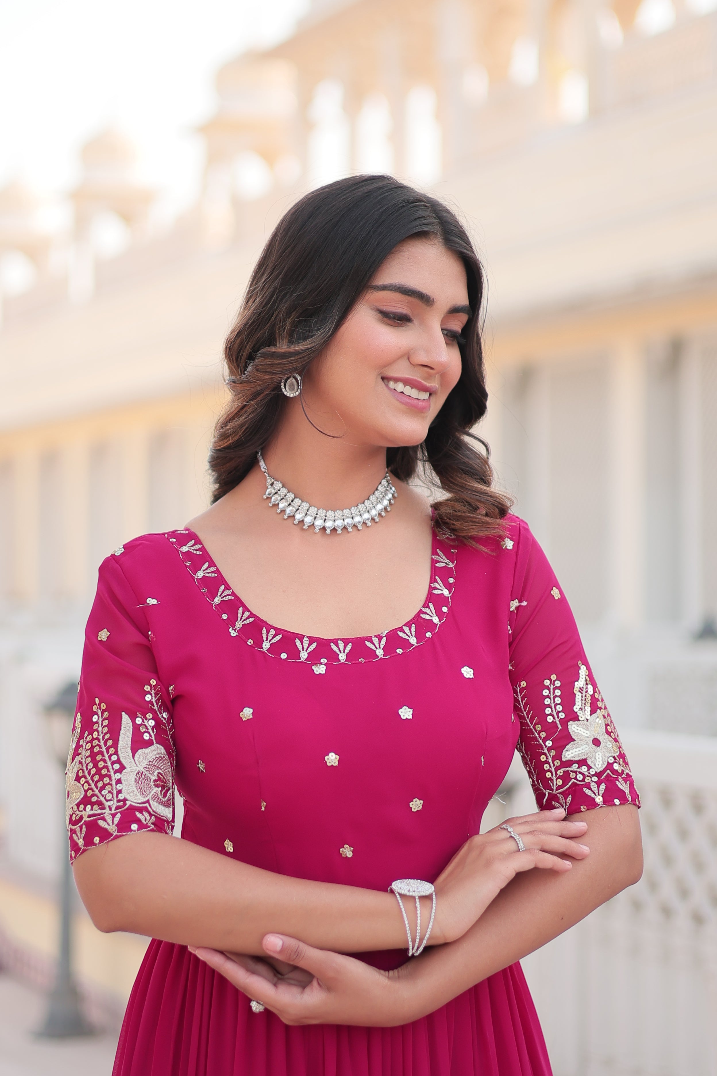 Women’s Pink Georgette Gown – Elegant Designer Wear with Embroidered Detailing