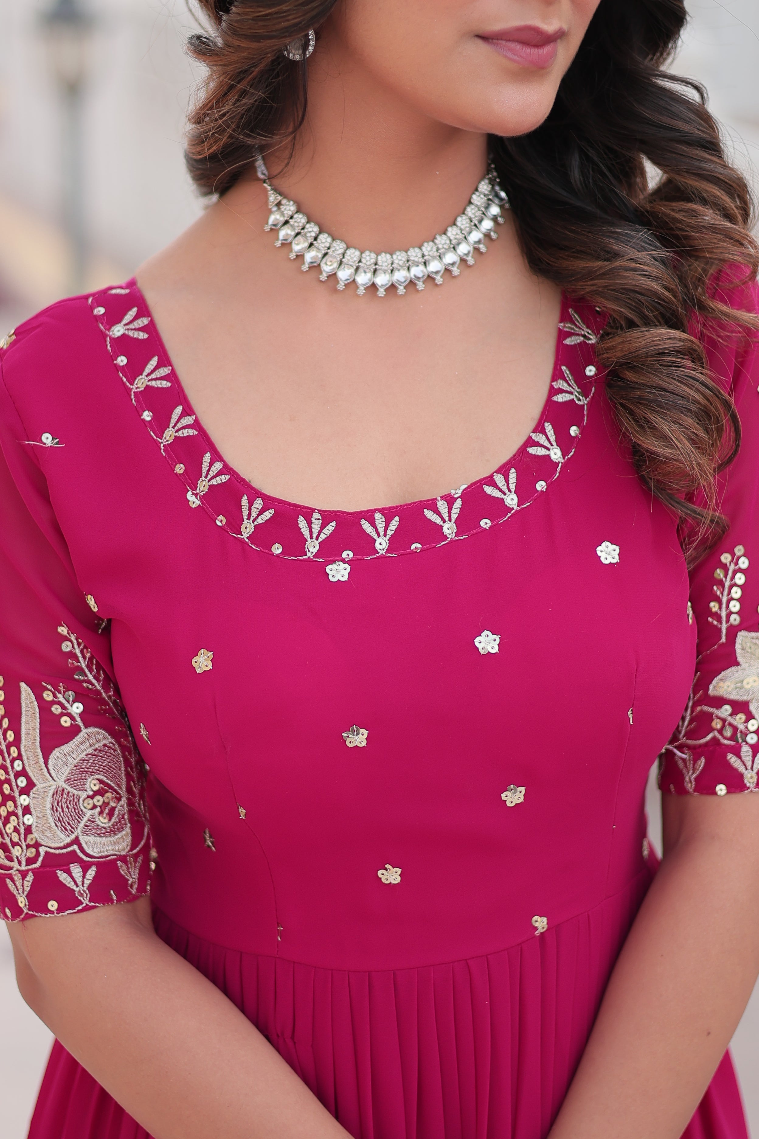 Women’s Pink Georgette Gown – Elegant Designer Wear with Embroidered Detailing