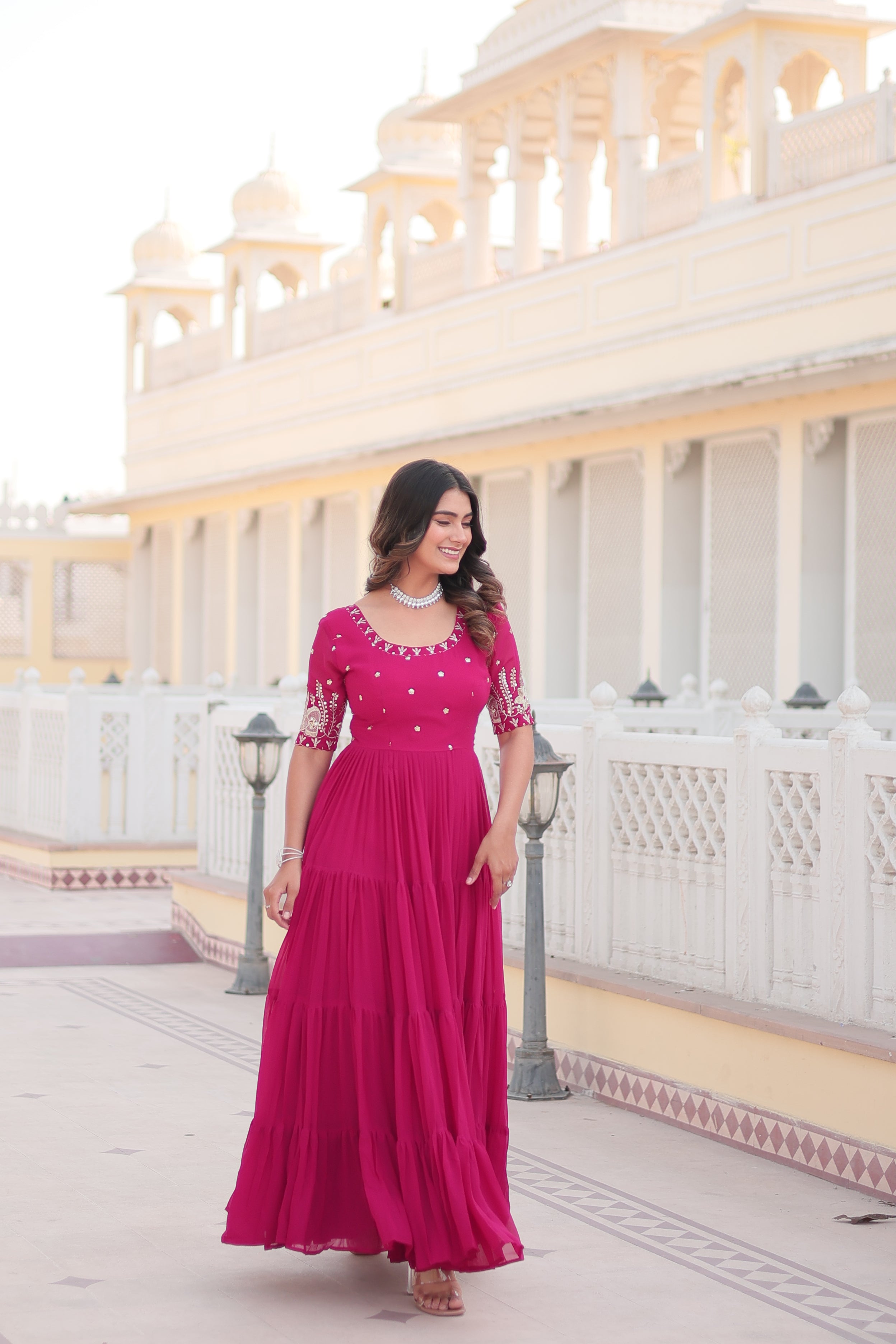 Women’s Pink Georgette Gown – Elegant Designer Wear with Embroidered Detailing