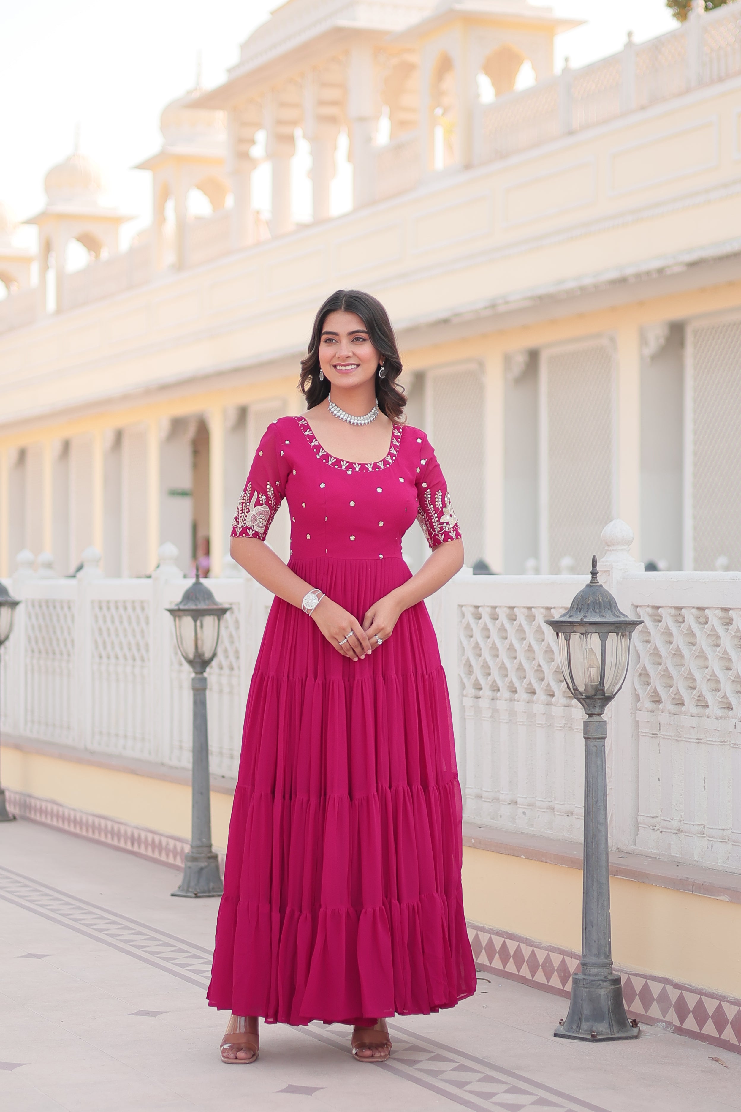Women’s Pink Georgette Gown – Elegant Designer Wear with Embroidered Detailing