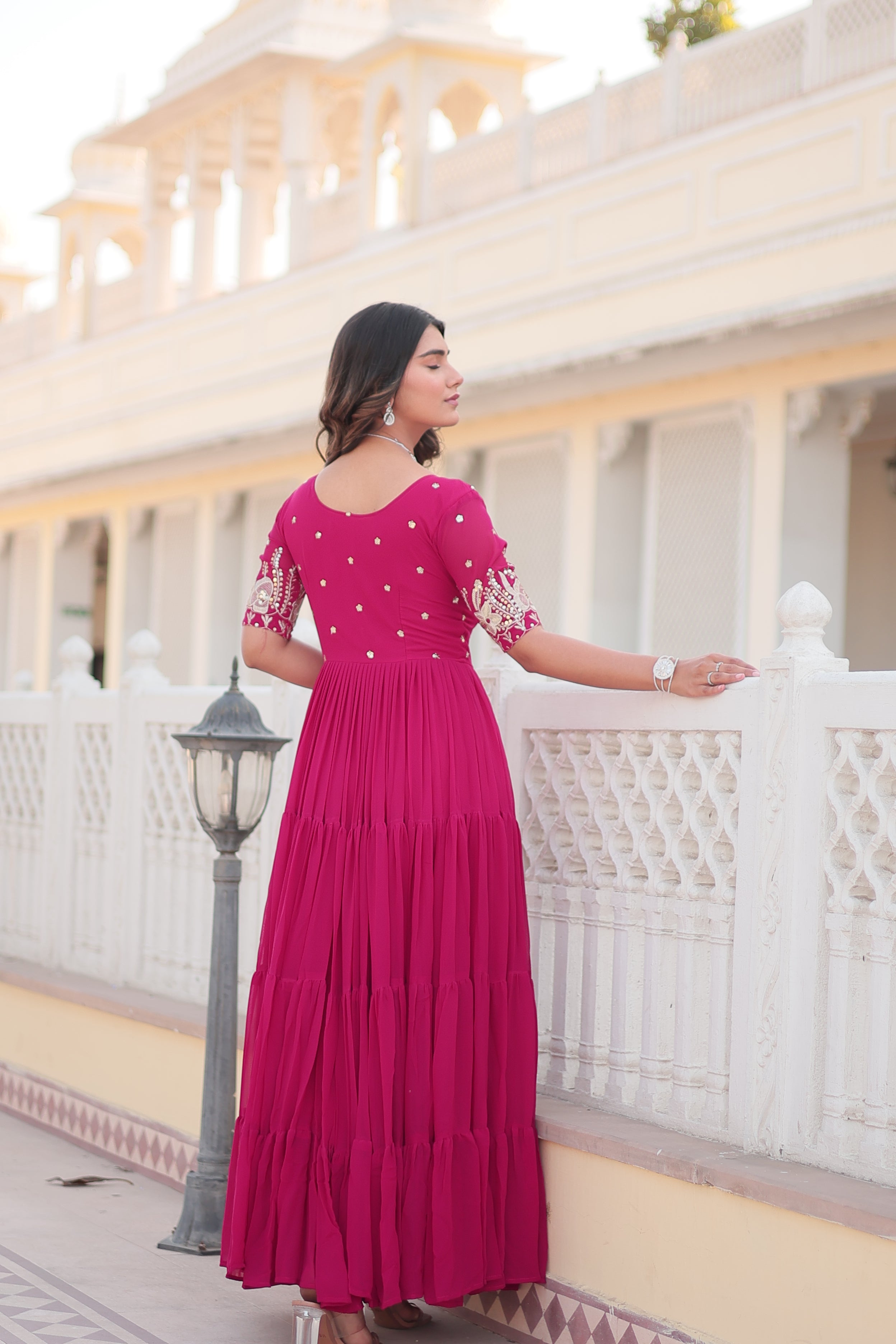 Women’s Pink Georgette Gown – Elegant Designer Wear with Embroidered Detailing