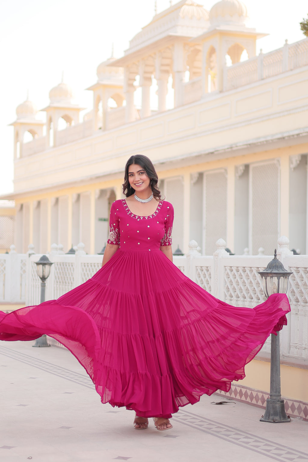 Women’s Pink Georgette Gown – Elegant Designer Wear with Embroidered Detailing
