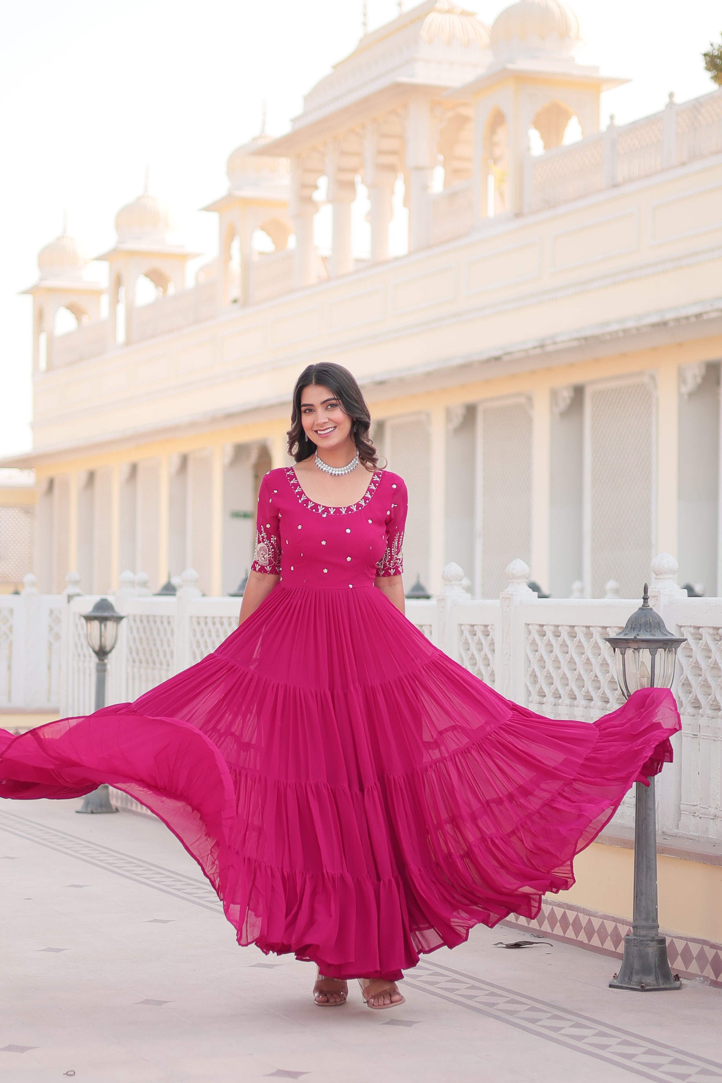Women’s Pink Georgette Gown – Elegant Designer Wear with Embroidered Detailing