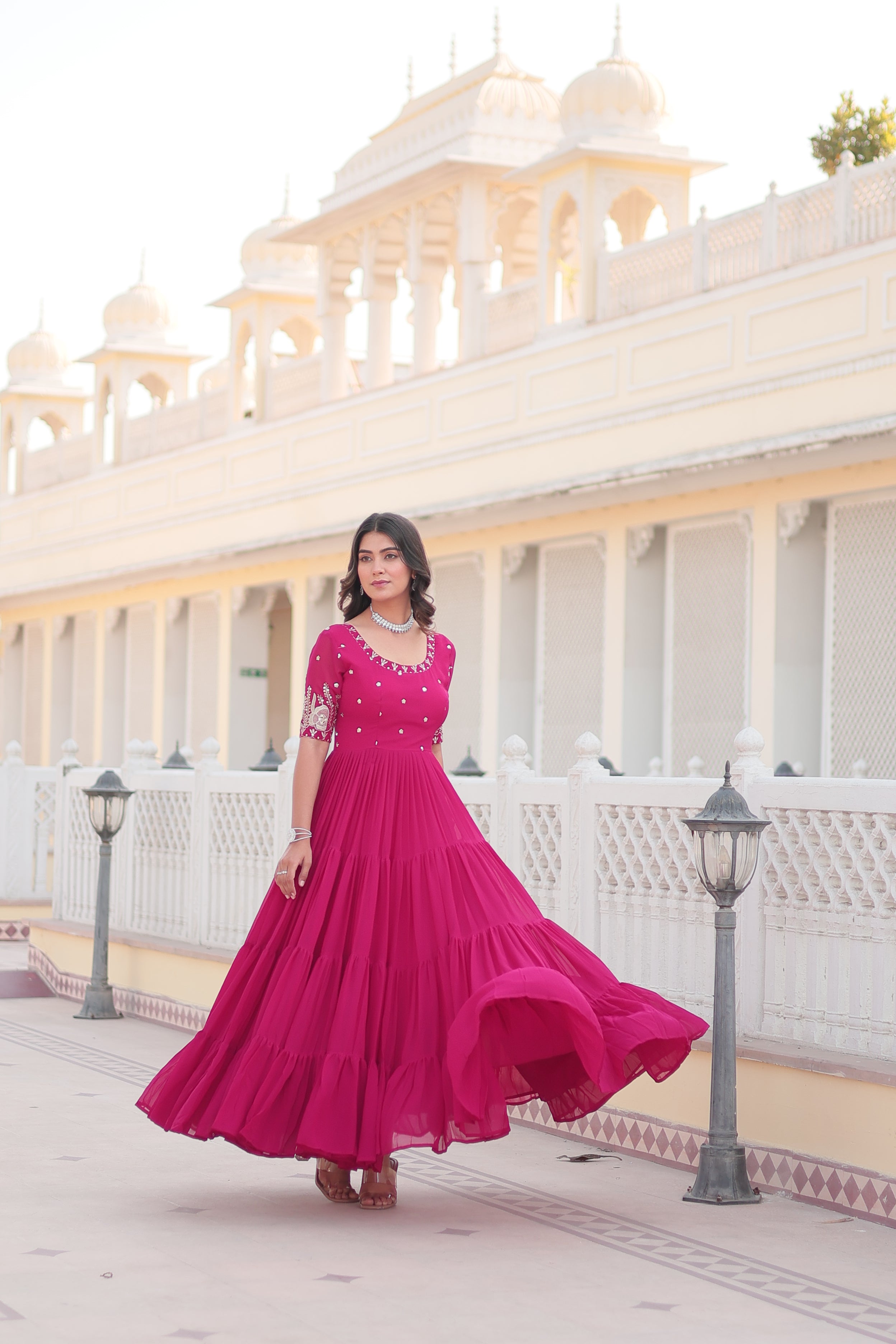 Women’s Pink Georgette Gown – Elegant Designer Wear with Embroidered Detailing