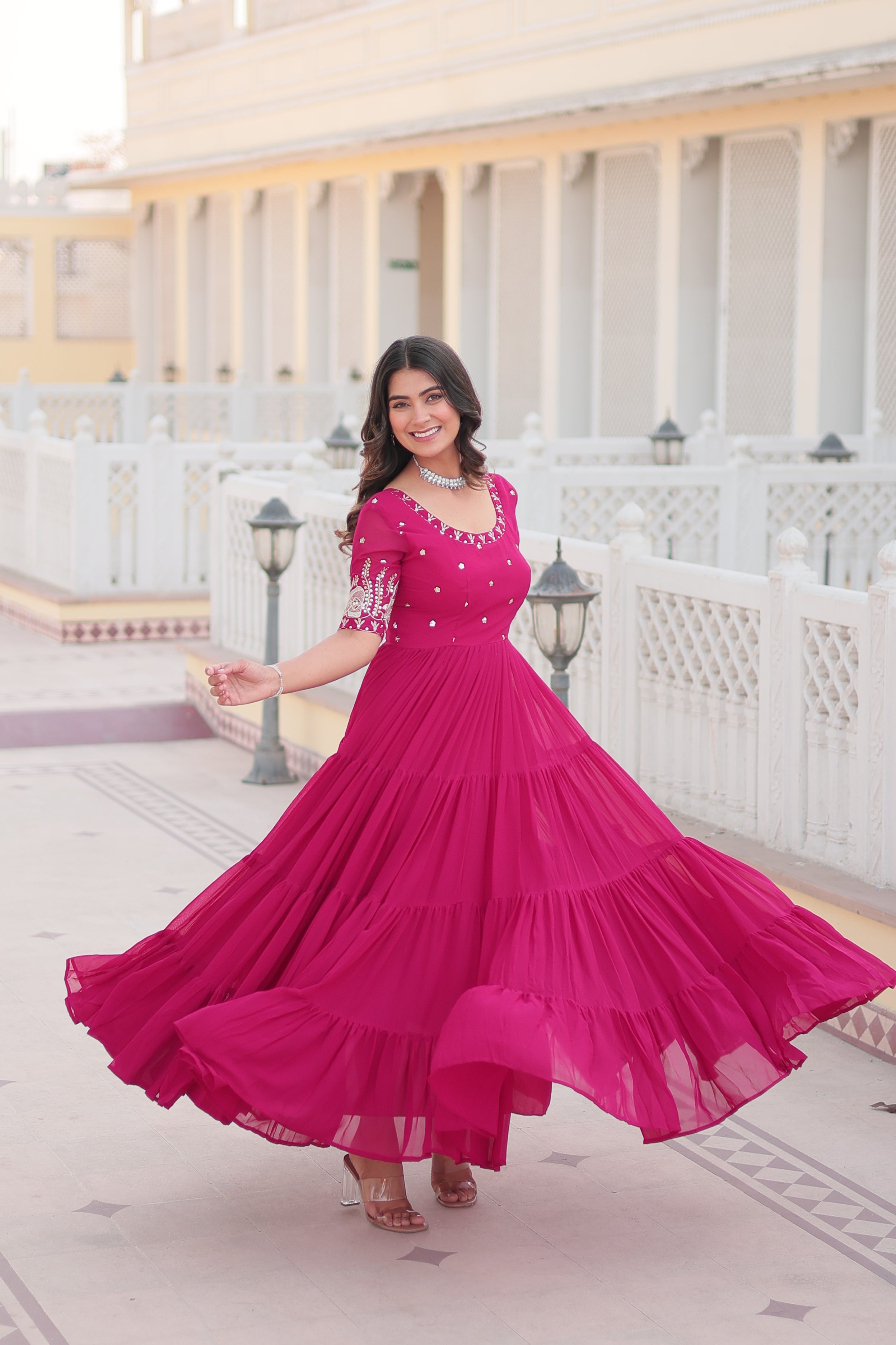 Women’s Pink Georgette Gown – Elegant Designer Wear with Embroidered Detailing