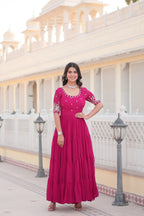 Women’s Pink Georgette Gown – Elegant Designer Wear with Embroidered Detailing