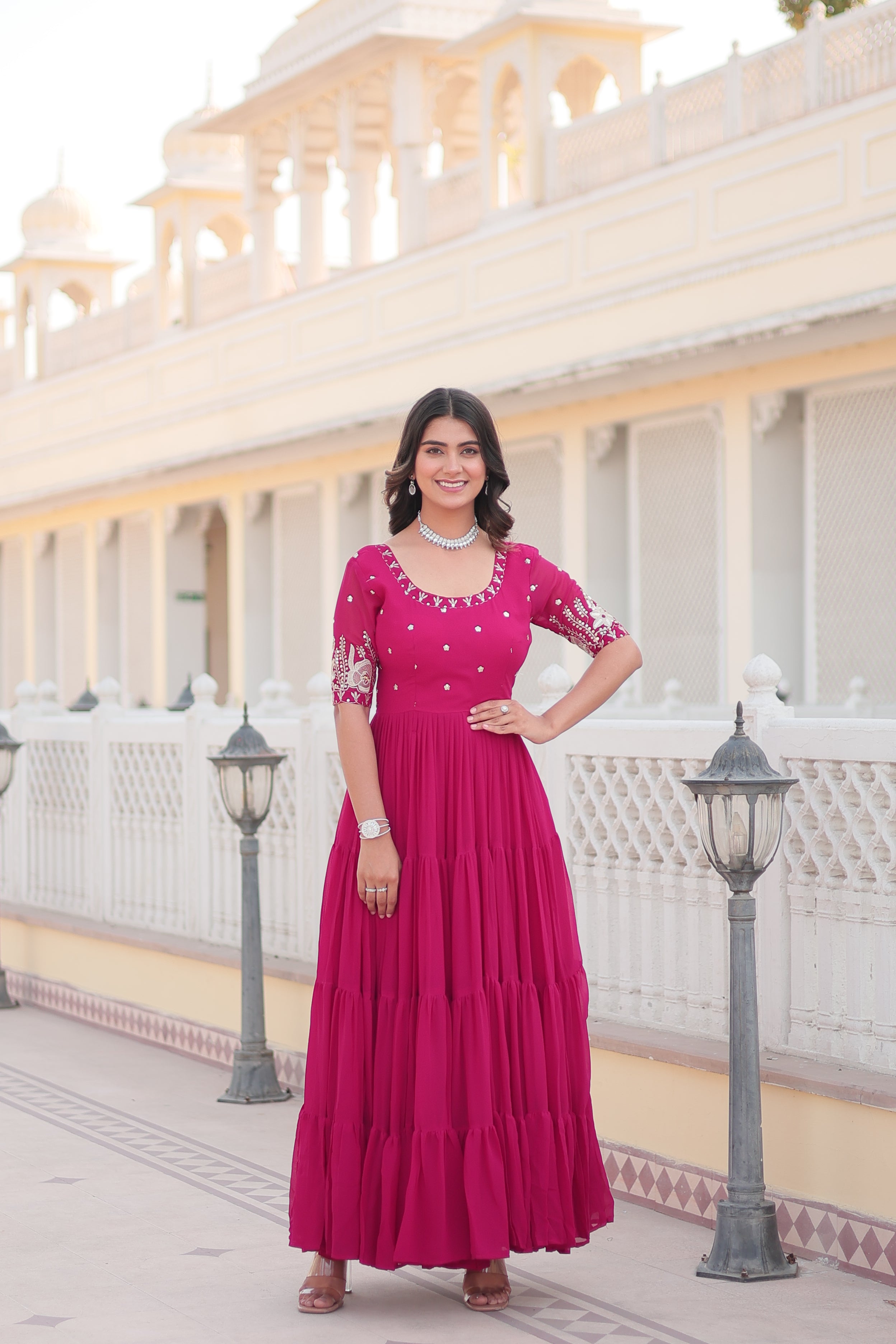 Women’s Pink Georgette Gown – Elegant Designer Wear with Embroidered Detailing
