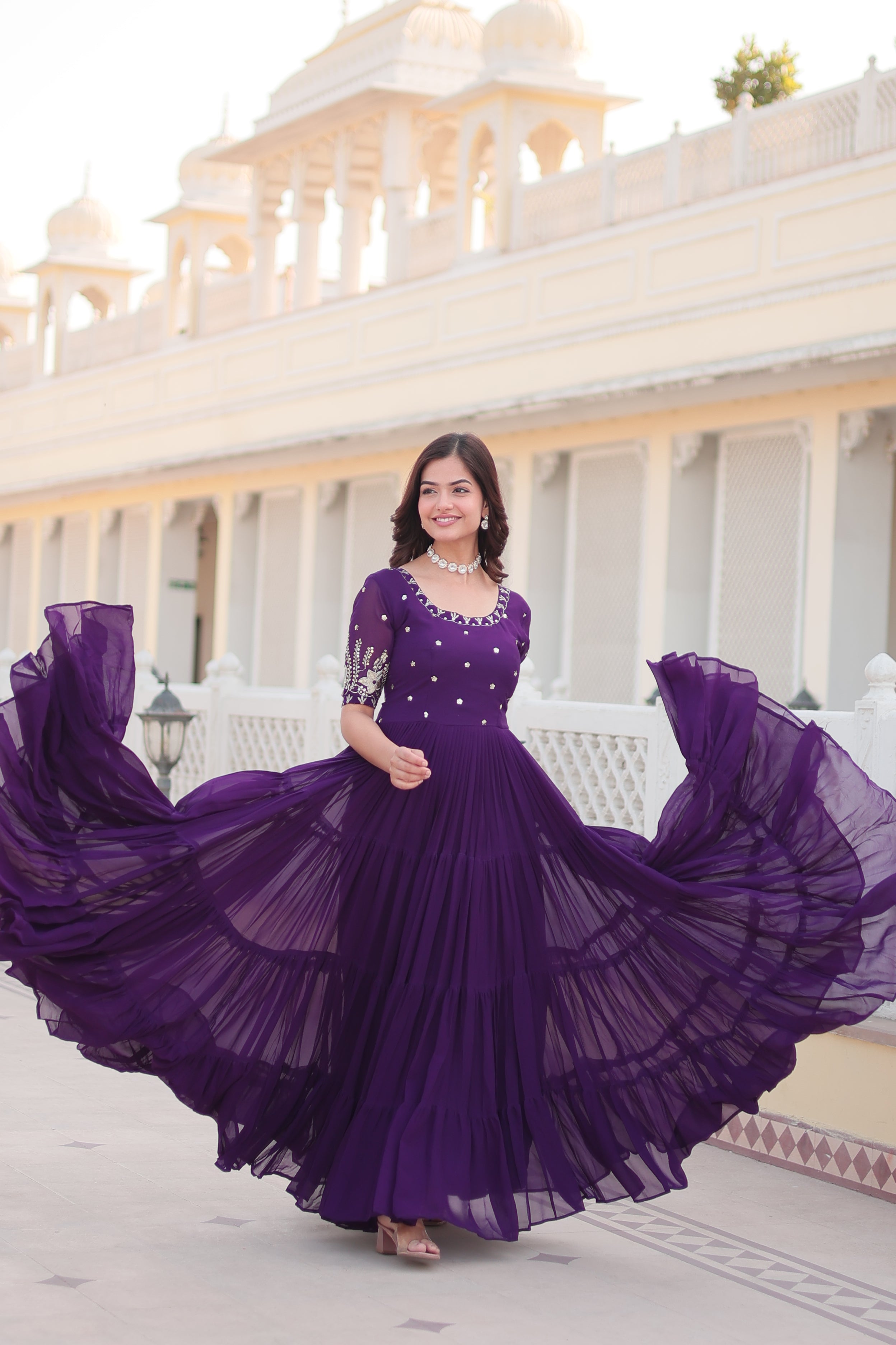 Women’s Purple Georgette Gown – Elegant Designer Wear with Embroidered Detailing